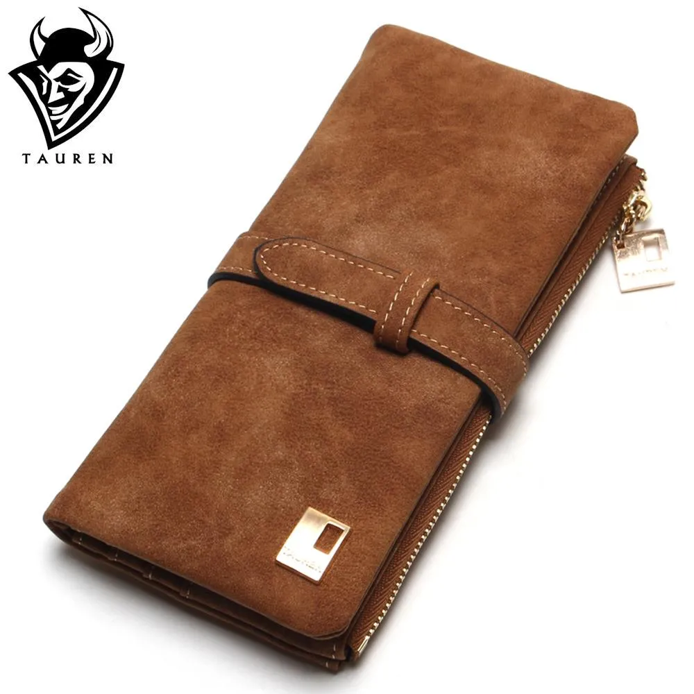 Drawstring Nubuck Leather Zipper Wallet