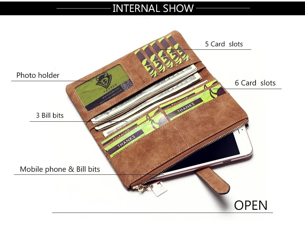 Drawstring Nubuck Leather Zipper Wallet
