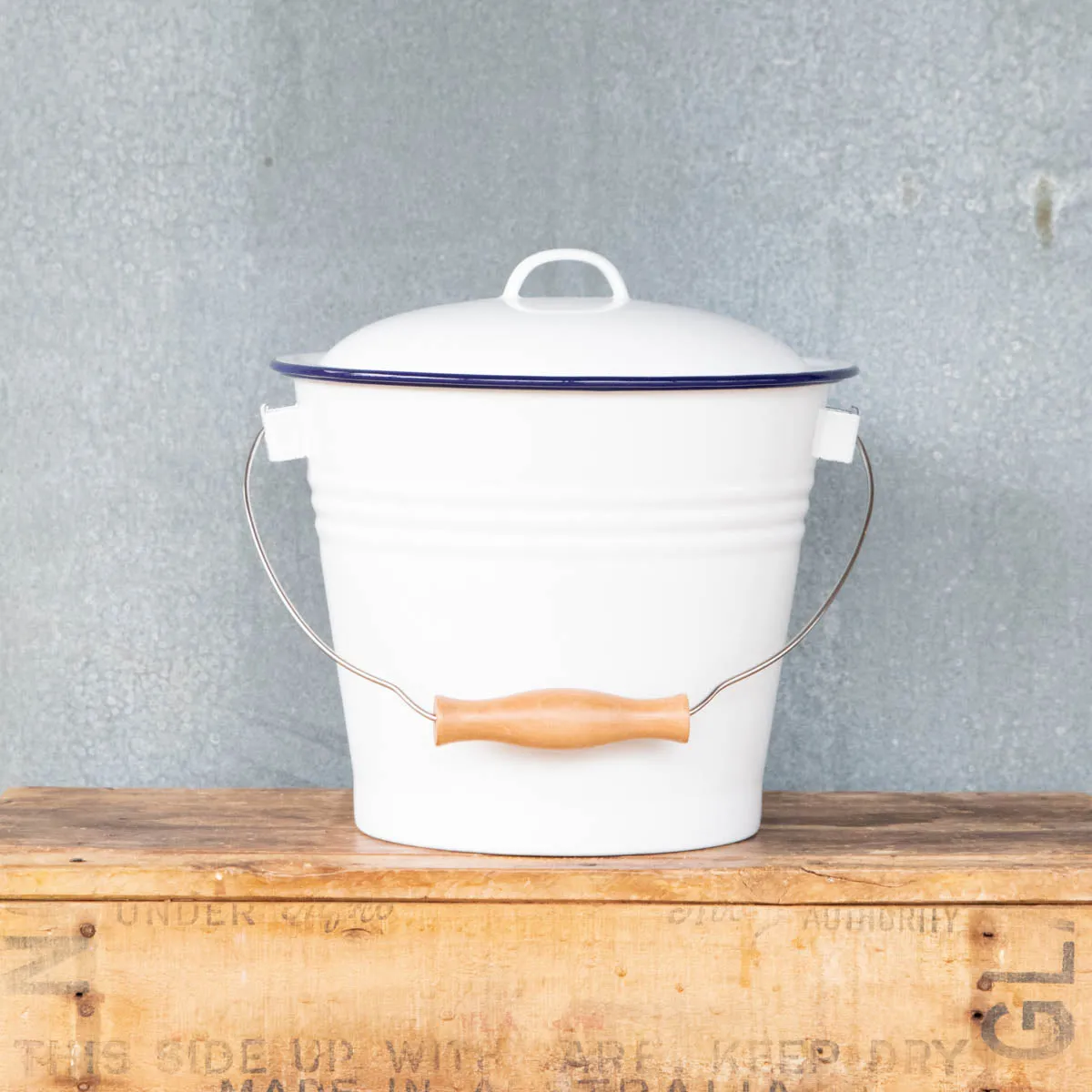 Falcon enamel bucket and lid, white with cobalt blue trim