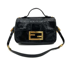 Fendi Black Patent and Silk Zucca Double Mini Baguette
