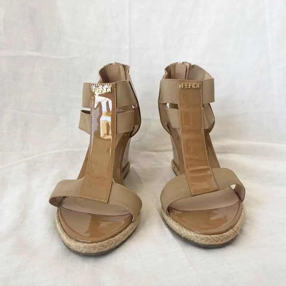 Fendi Nude Patent Leather Wedge Sandals, 37