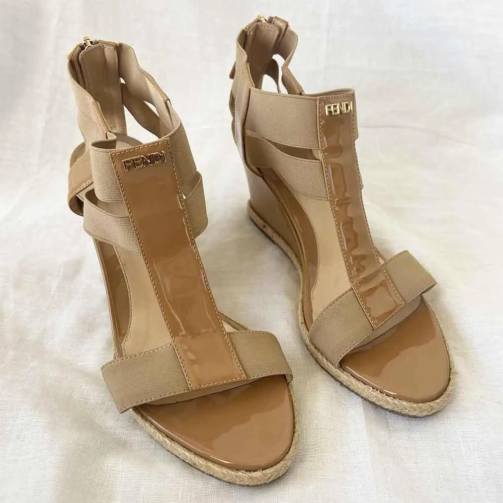 Fendi Nude Patent Leather Wedge Sandals, 37
