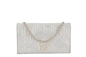 FENDI SILVER METALLIC NAPPA LOGO EMBOSSED W.O.C GOLD HARDWARE (AX41526) WITH CHAIN STRAPS NO DUST COVER