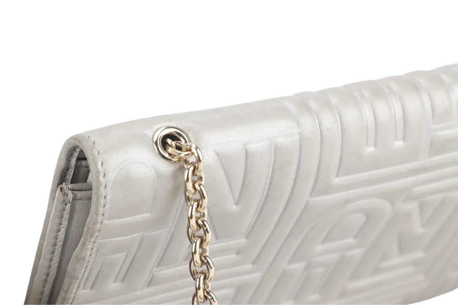 FENDI SILVER METALLIC NAPPA LOGO EMBOSSED W.O.C GOLD HARDWARE (AX41526) WITH CHAIN STRAPS NO DUST COVER