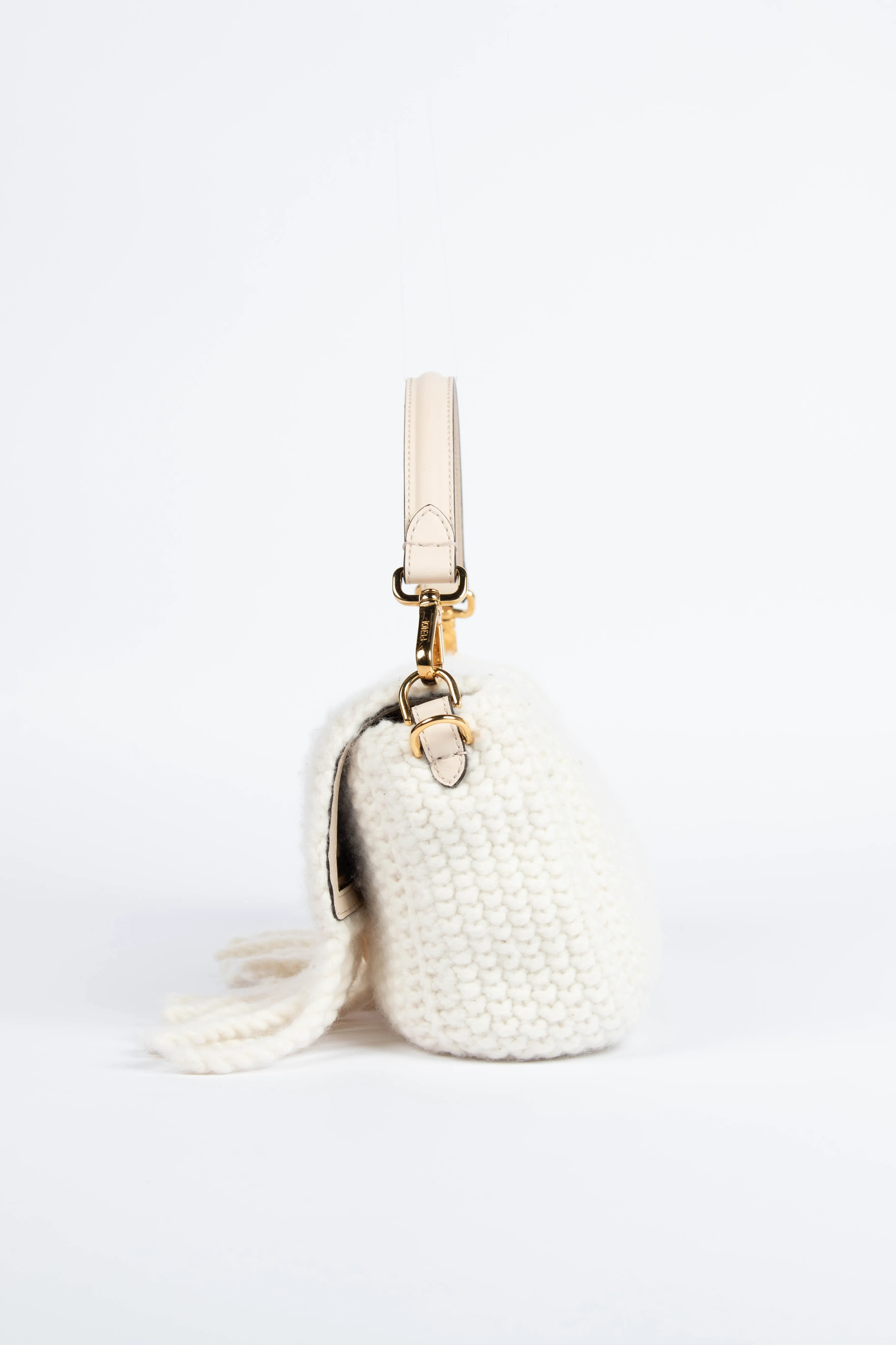 Fendi White Wool & Cashmere Fringe Baguette Shoulder Bag