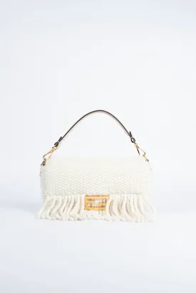 Fendi White Wool & Cashmere Fringe Baguette Shoulder Bag