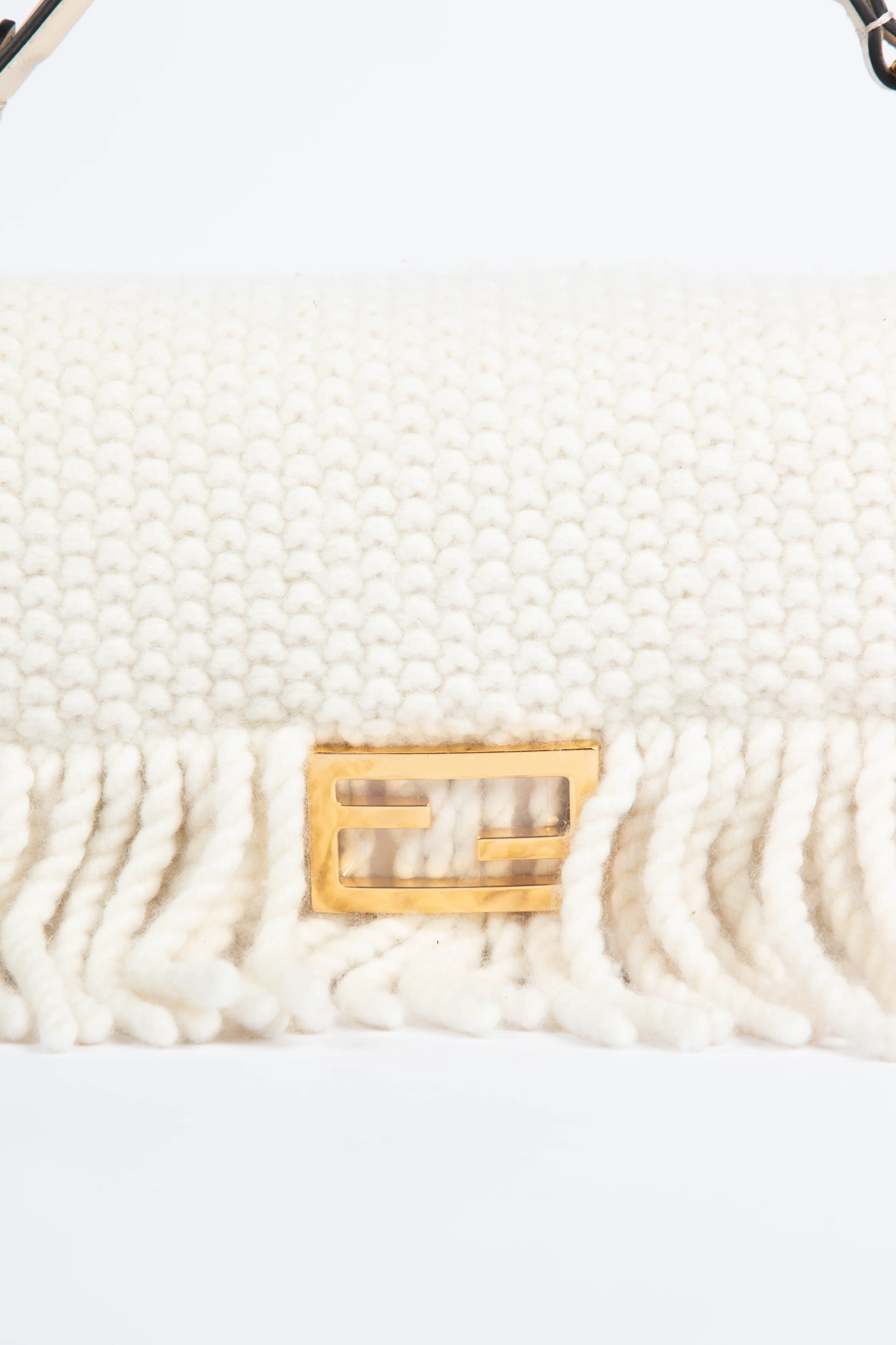 Fendi White Wool & Cashmere Fringe Baguette Shoulder Bag