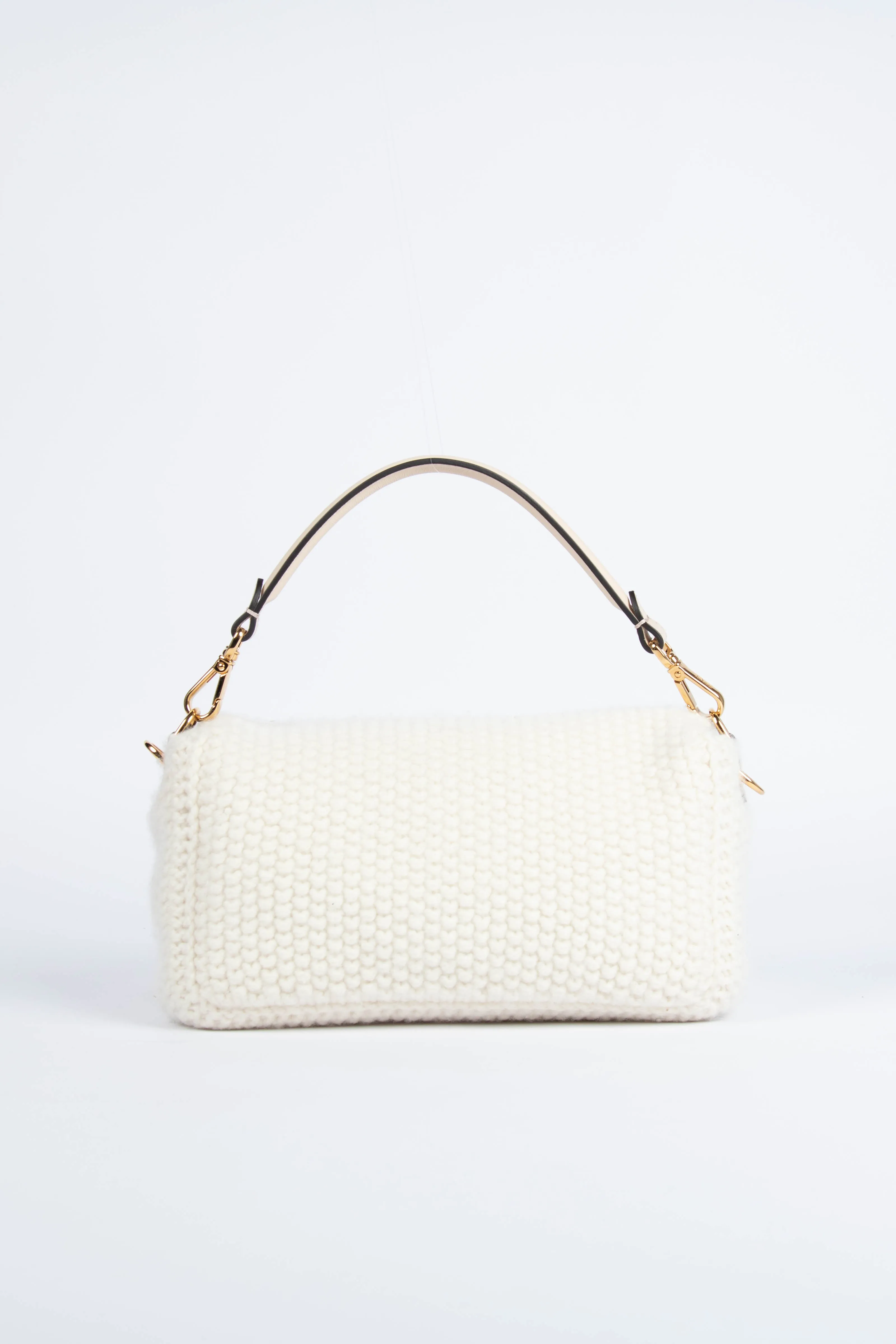 Fendi White Wool & Cashmere Fringe Baguette Shoulder Bag