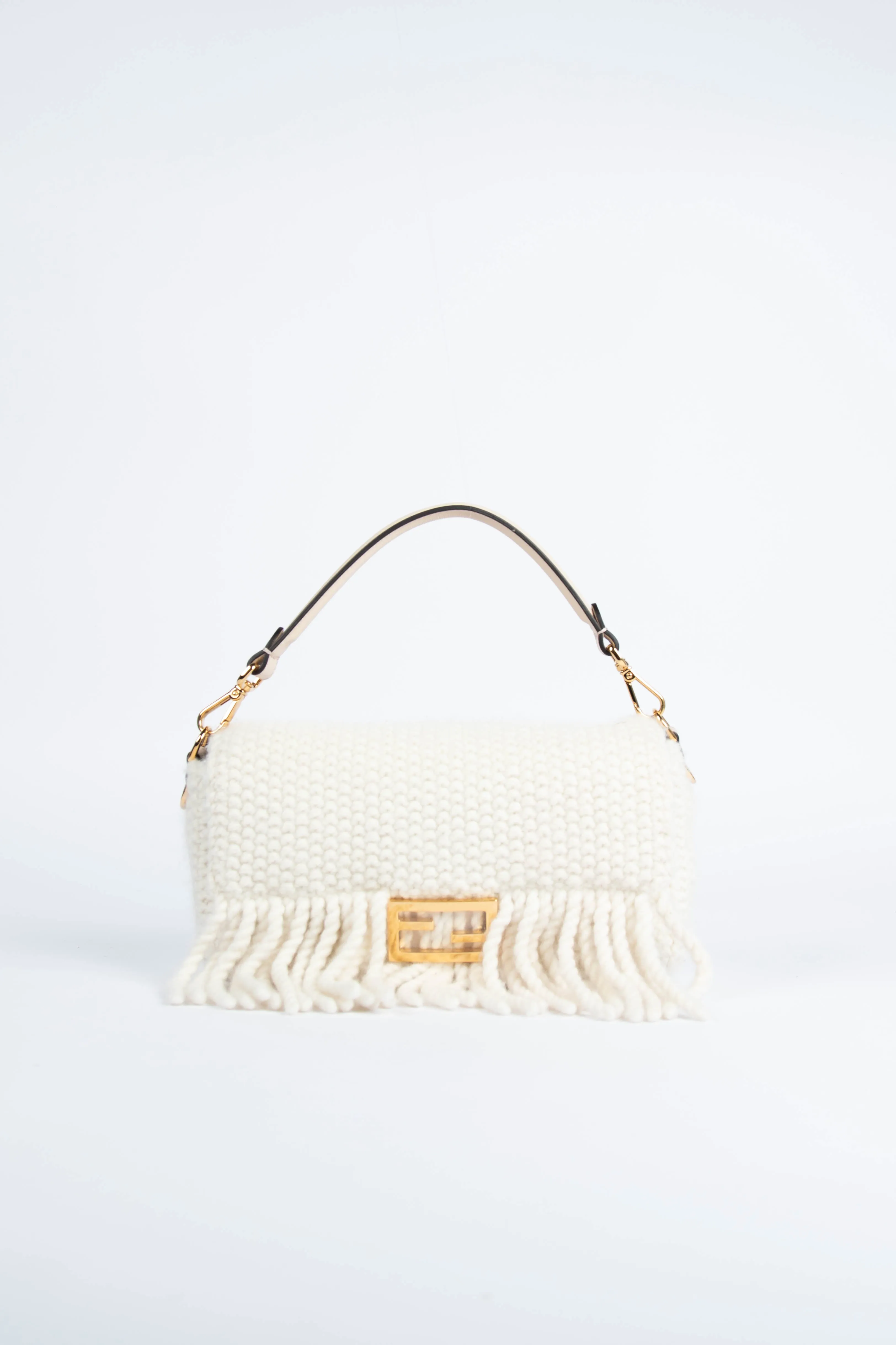 Fendi White Wool & Cashmere Fringe Baguette Shoulder Bag