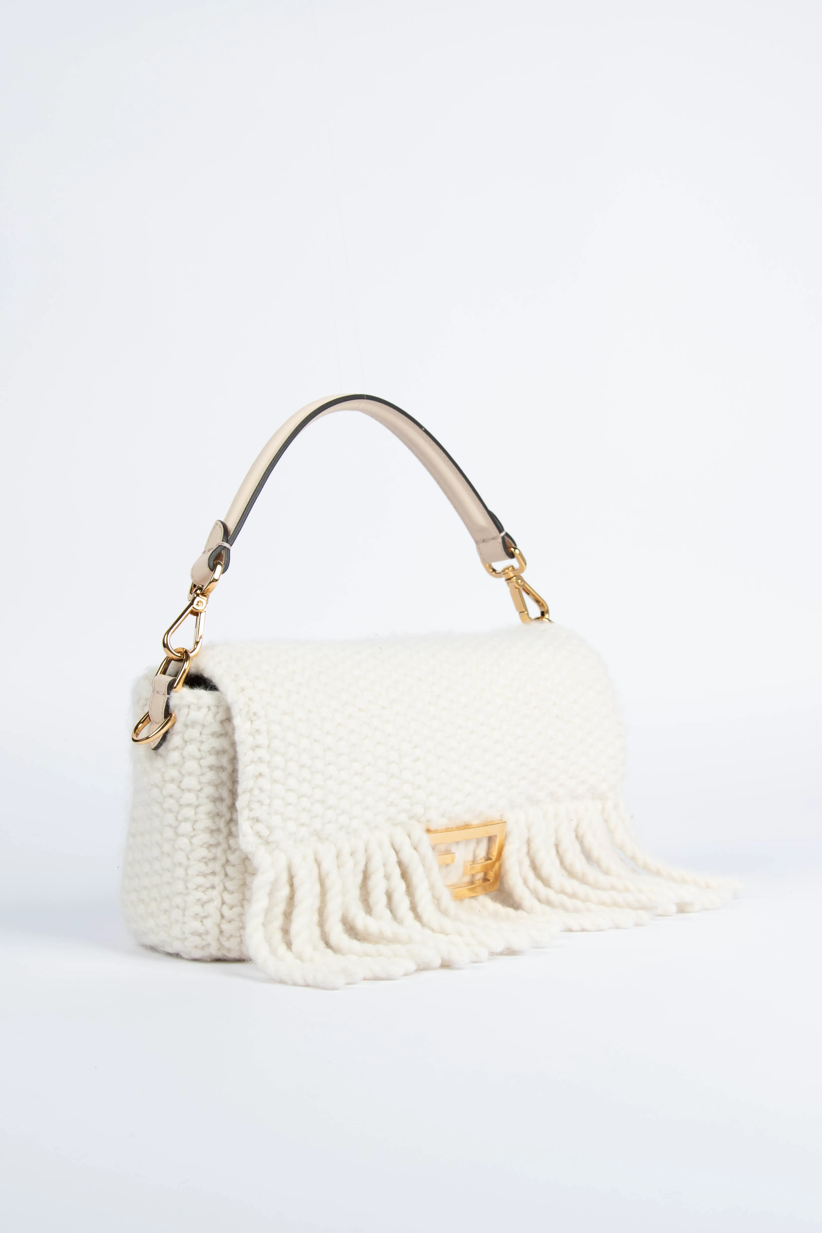 Fendi White Wool & Cashmere Fringe Baguette Shoulder Bag
