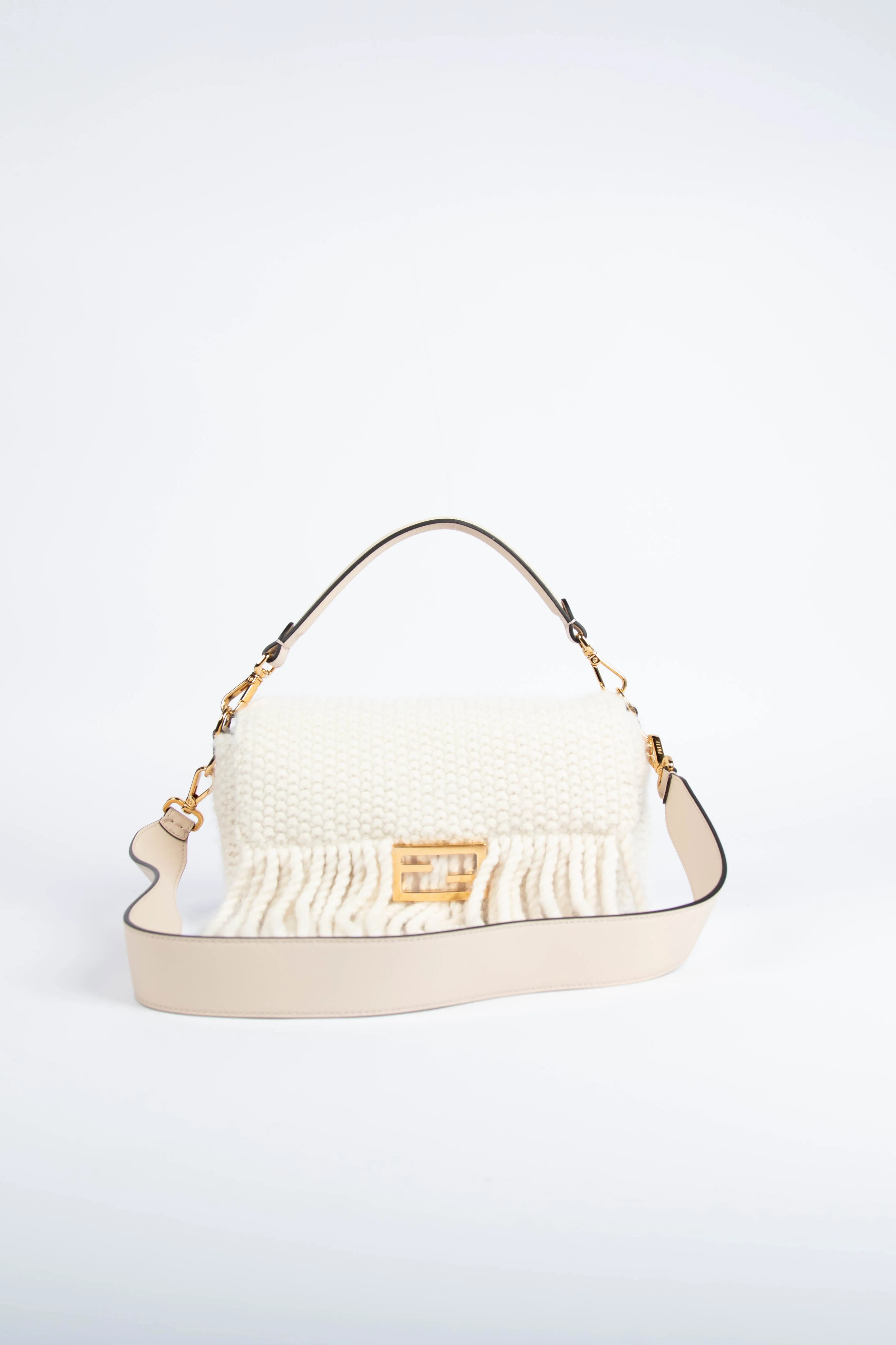 Fendi White Wool & Cashmere Fringe Baguette Shoulder Bag