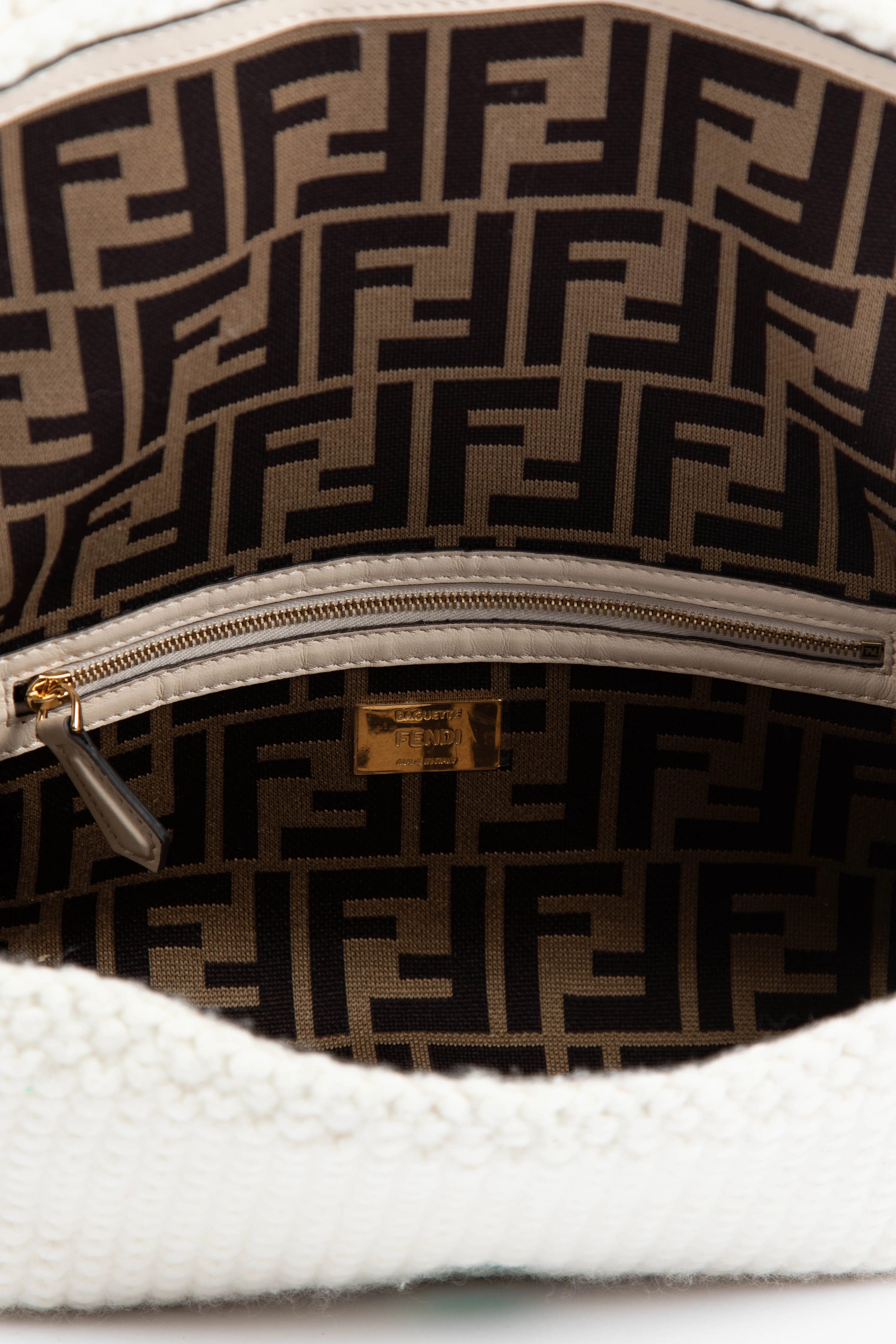 Fendi White Wool & Cashmere Fringe Baguette Shoulder Bag