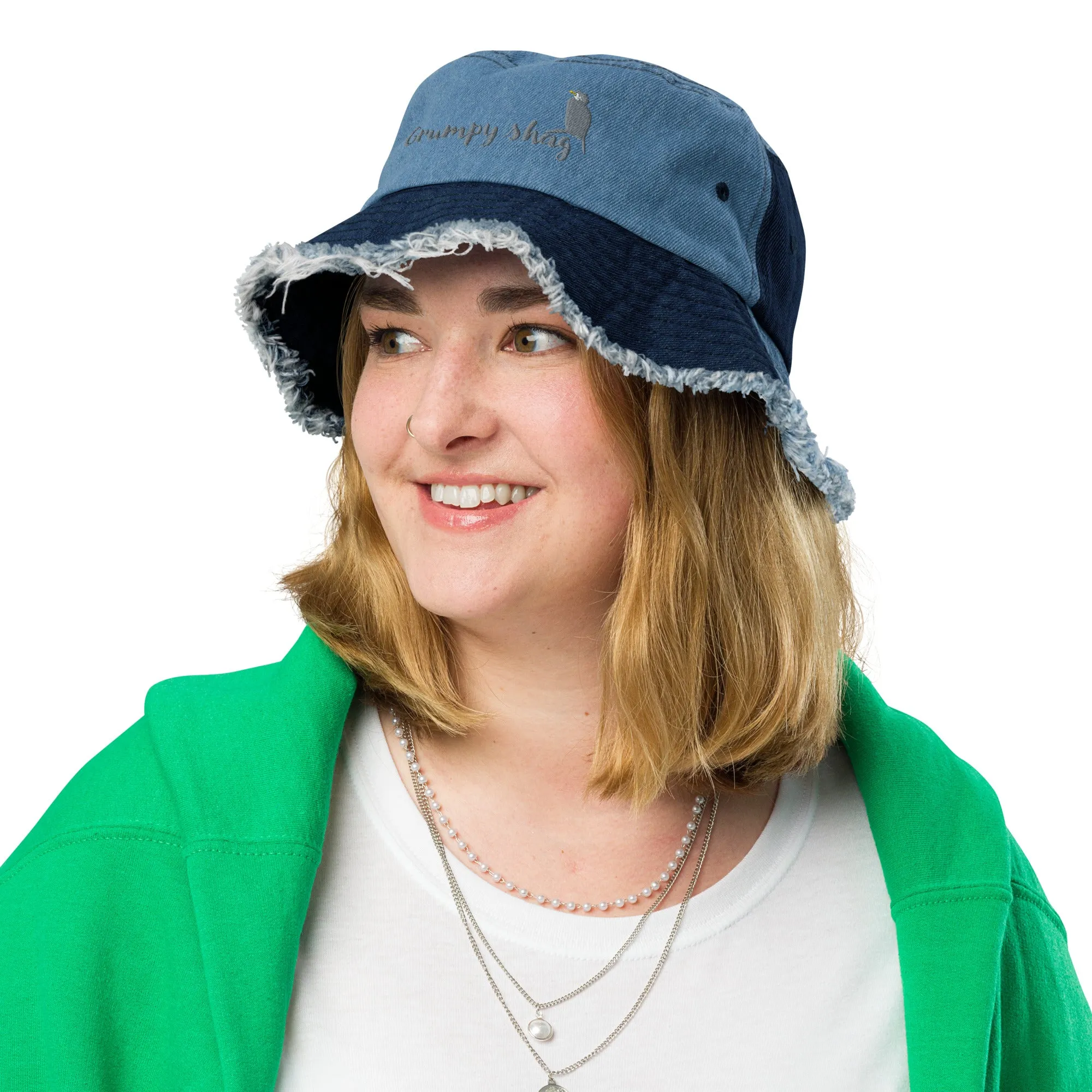 Grumpy shag Distressed denim bucket hat