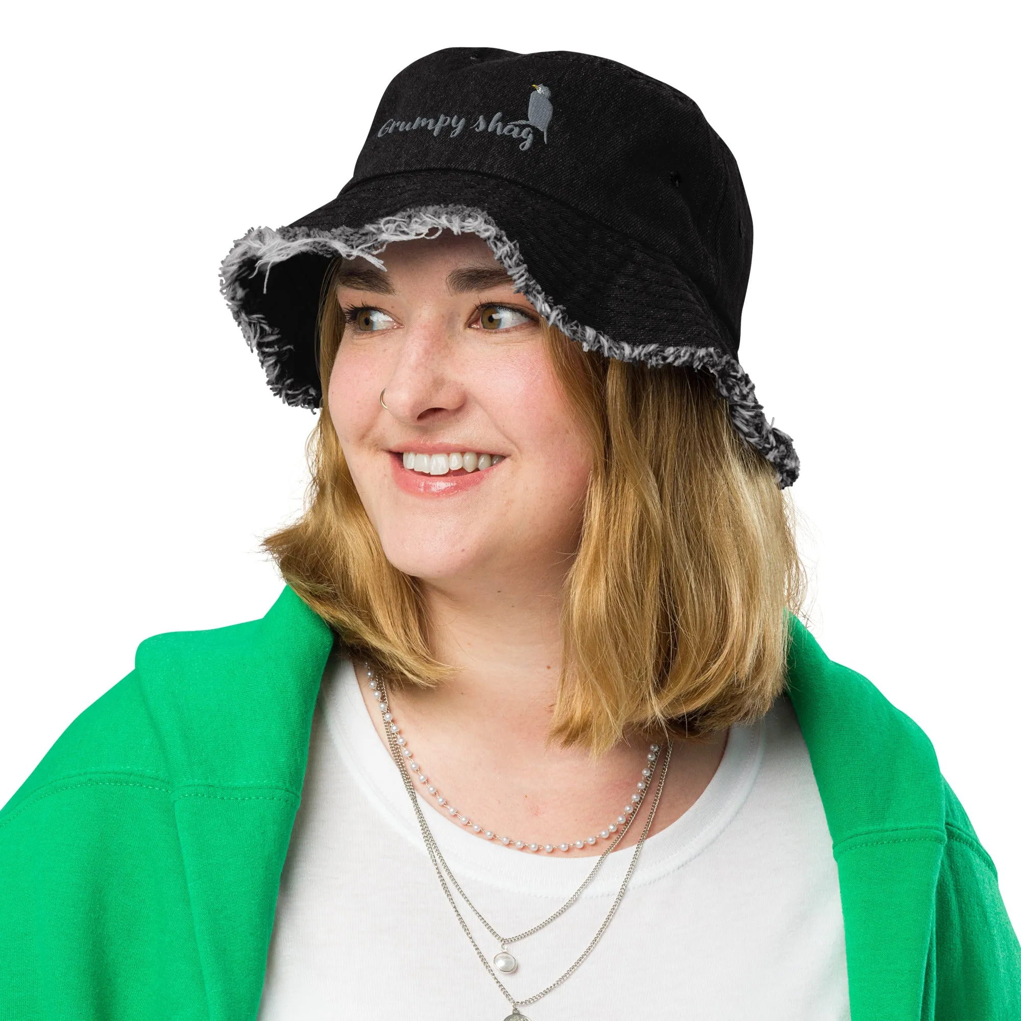 Grumpy shag Distressed denim bucket hat