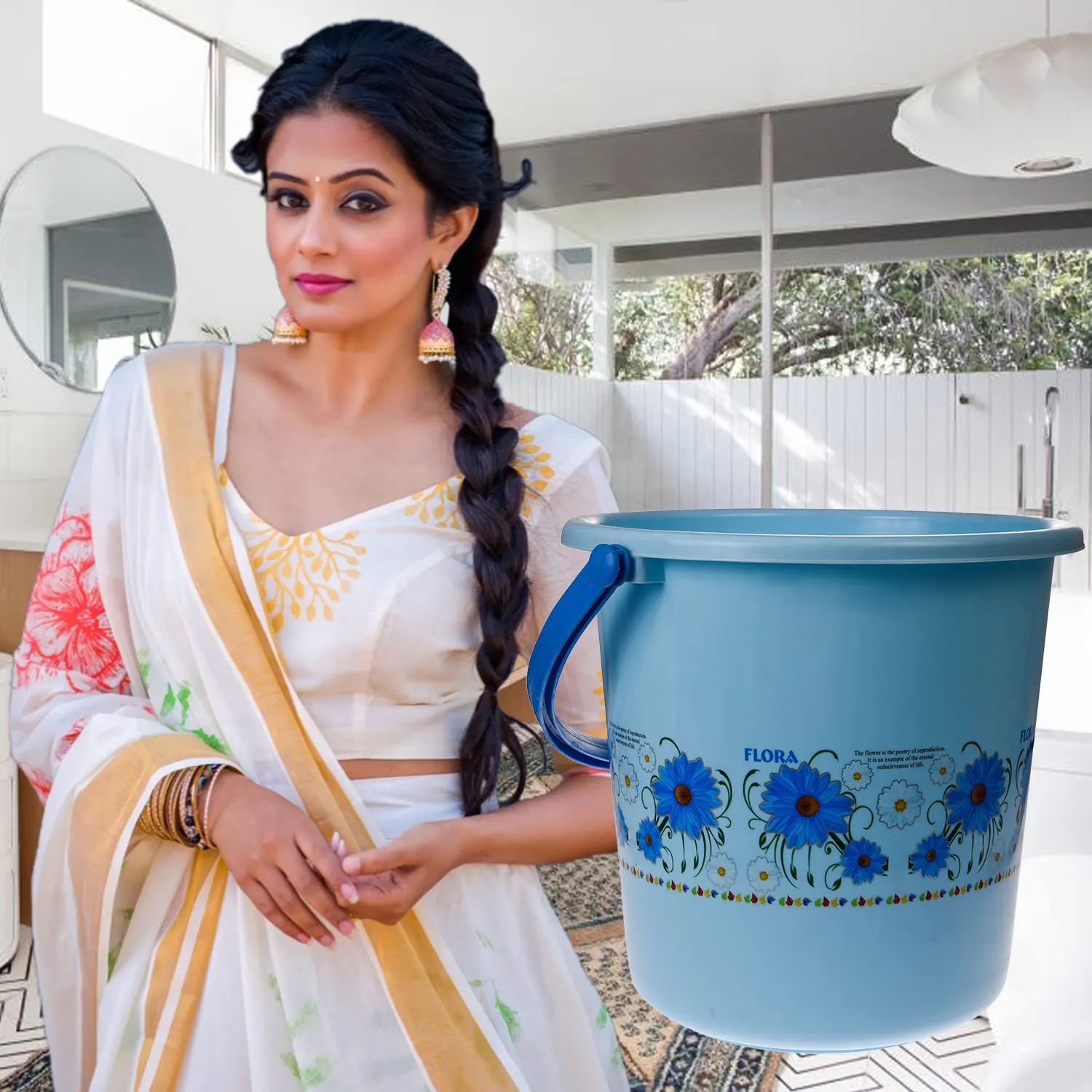 Heart Home Bucket|Plastic Bucket for Bathroom|Bucket for Bathing|Unbreakable Printed Bucket with Handle|18 Liter|Pack of 2 (Sky Blue & Cream)