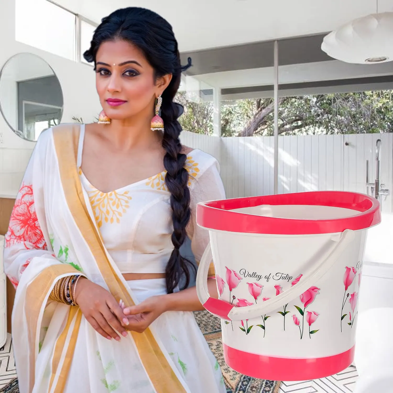 Heart Home Bucket|Plastic Bucket for Bathroom|Tulip Flower Bucket for Bathing|Unbreakable Bucket with Handle|18 Liter (Pink)