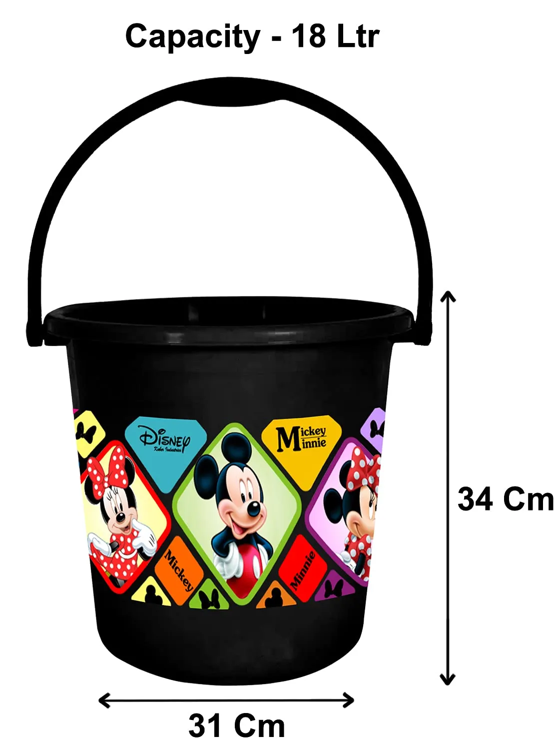 Heart Home Disney Minnie Mickey Print Multipurpose Plastic Bucket,18 LTR-Pack of 2 (Black)