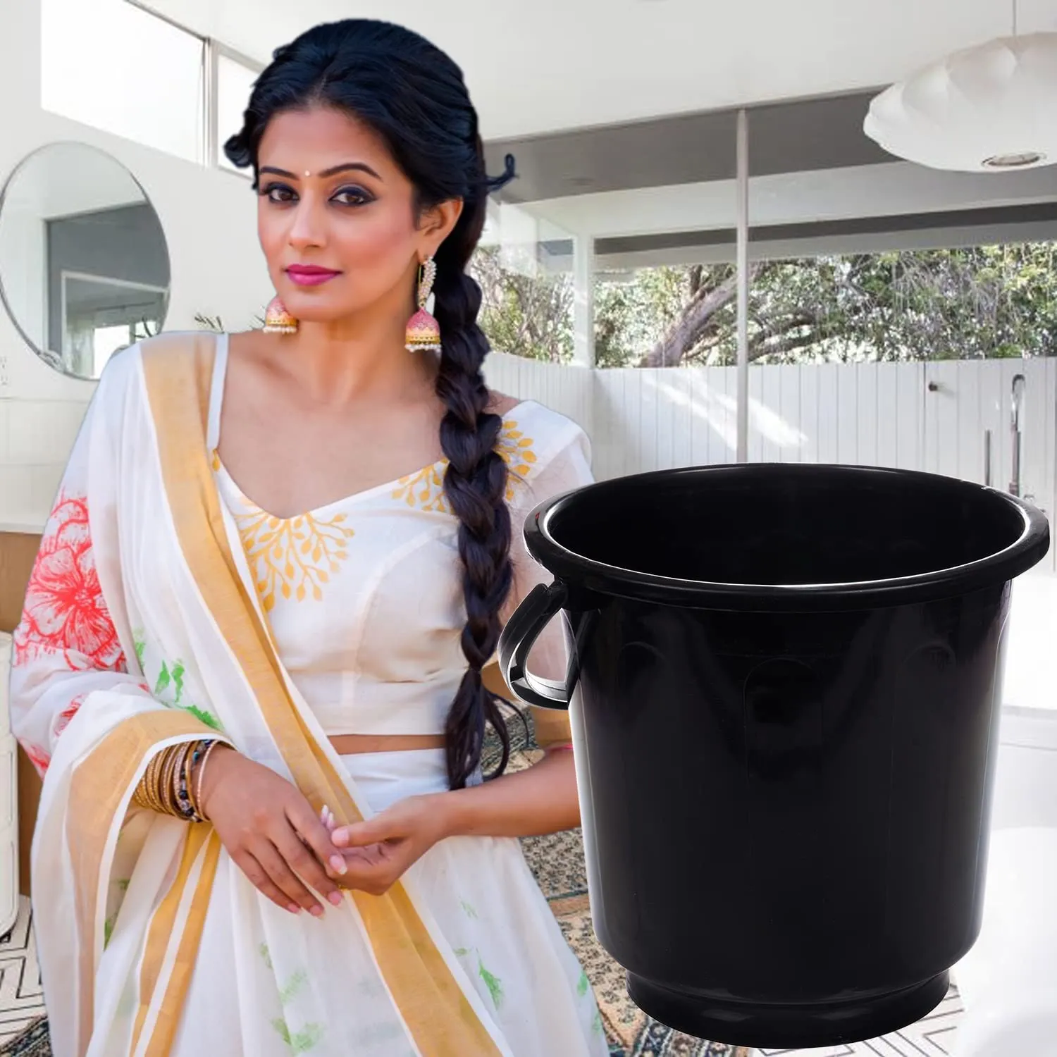 Kuber Industries Bucket|Plastic Bucket for Bathroom|Bucket for Bathing|Unbreakable Bucket with Handle|16 Liter|Pack of 2 (Black & Green)