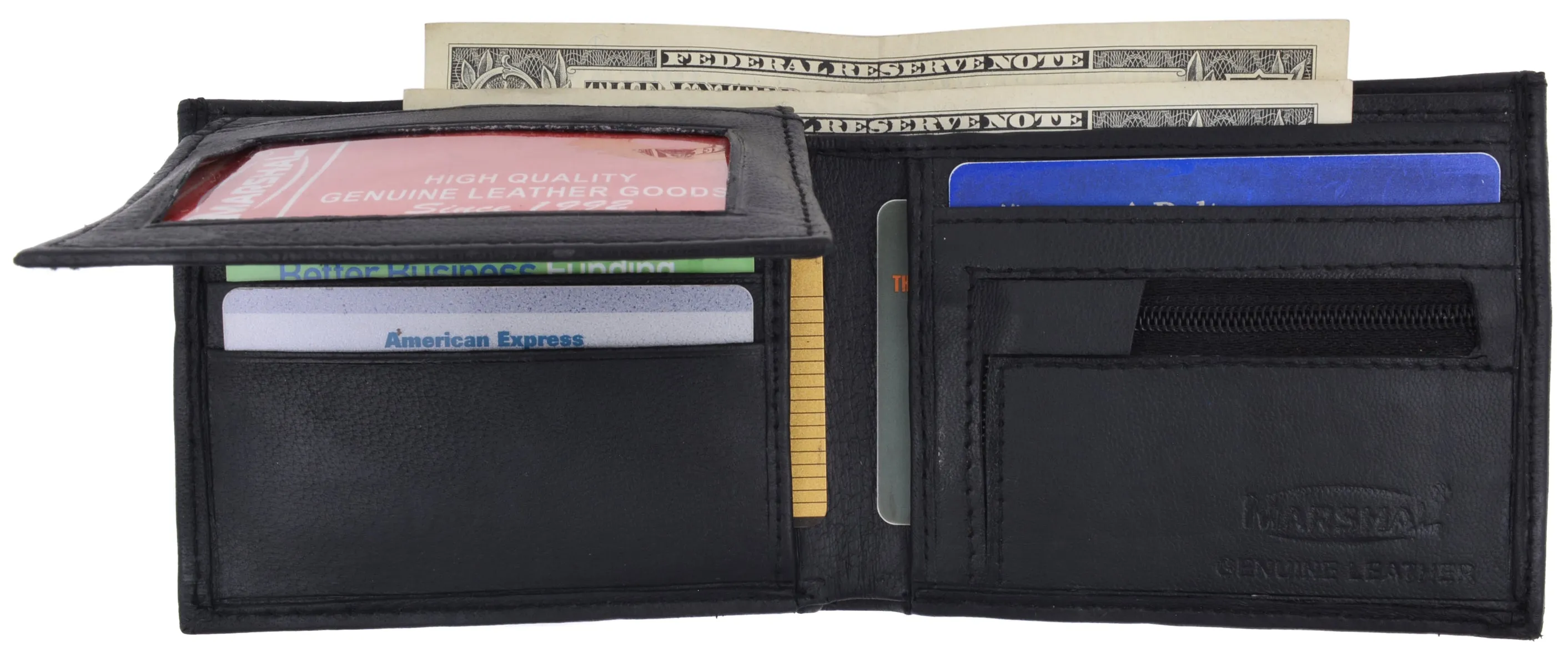 Lamb Leather Flap Up ID Card Holder W/Zippered Compartment Bifold Wallet 3053