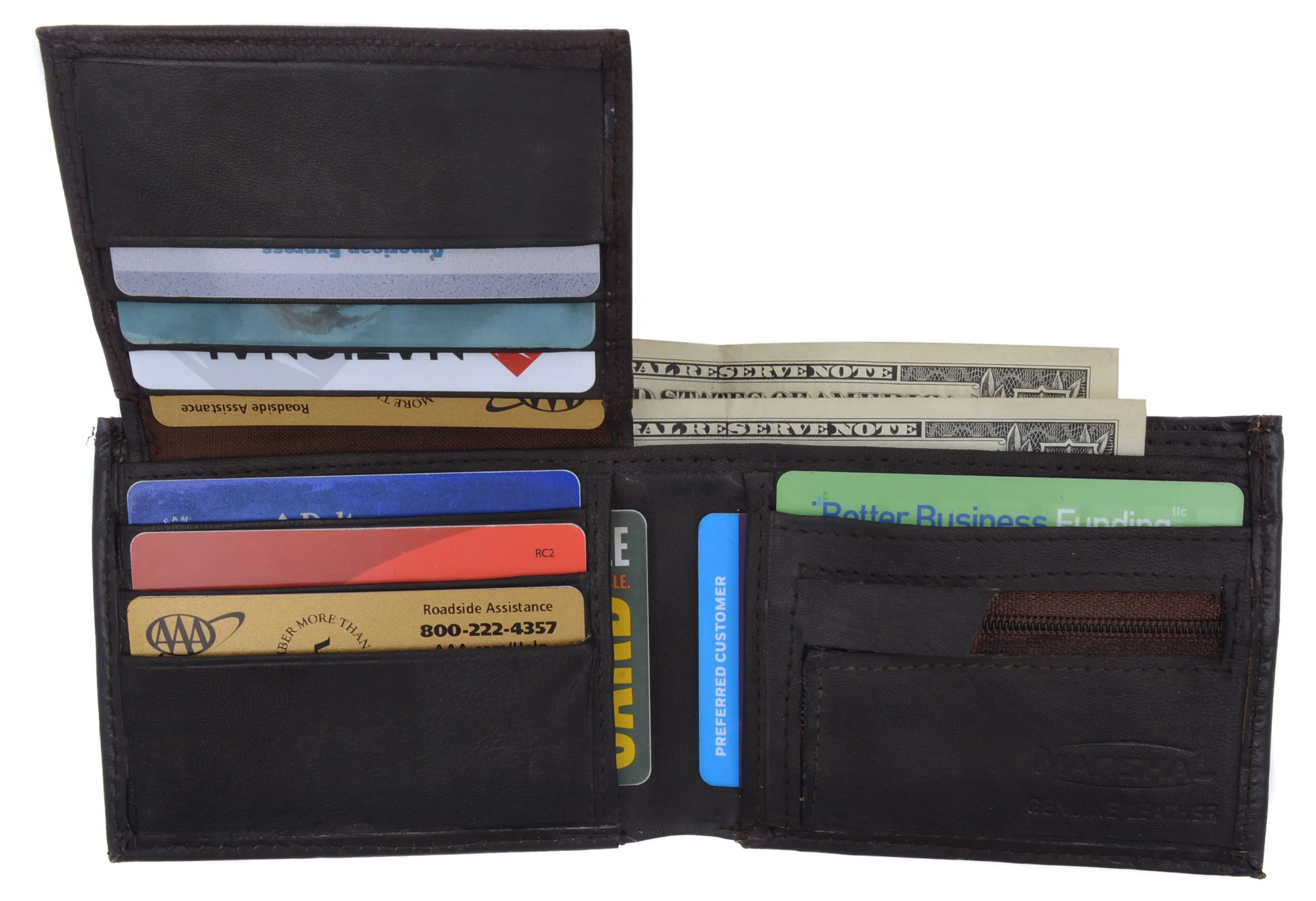 Lamb Leather Flap Up ID Card Holder W/Zippered Compartment Bifold Wallet 3053