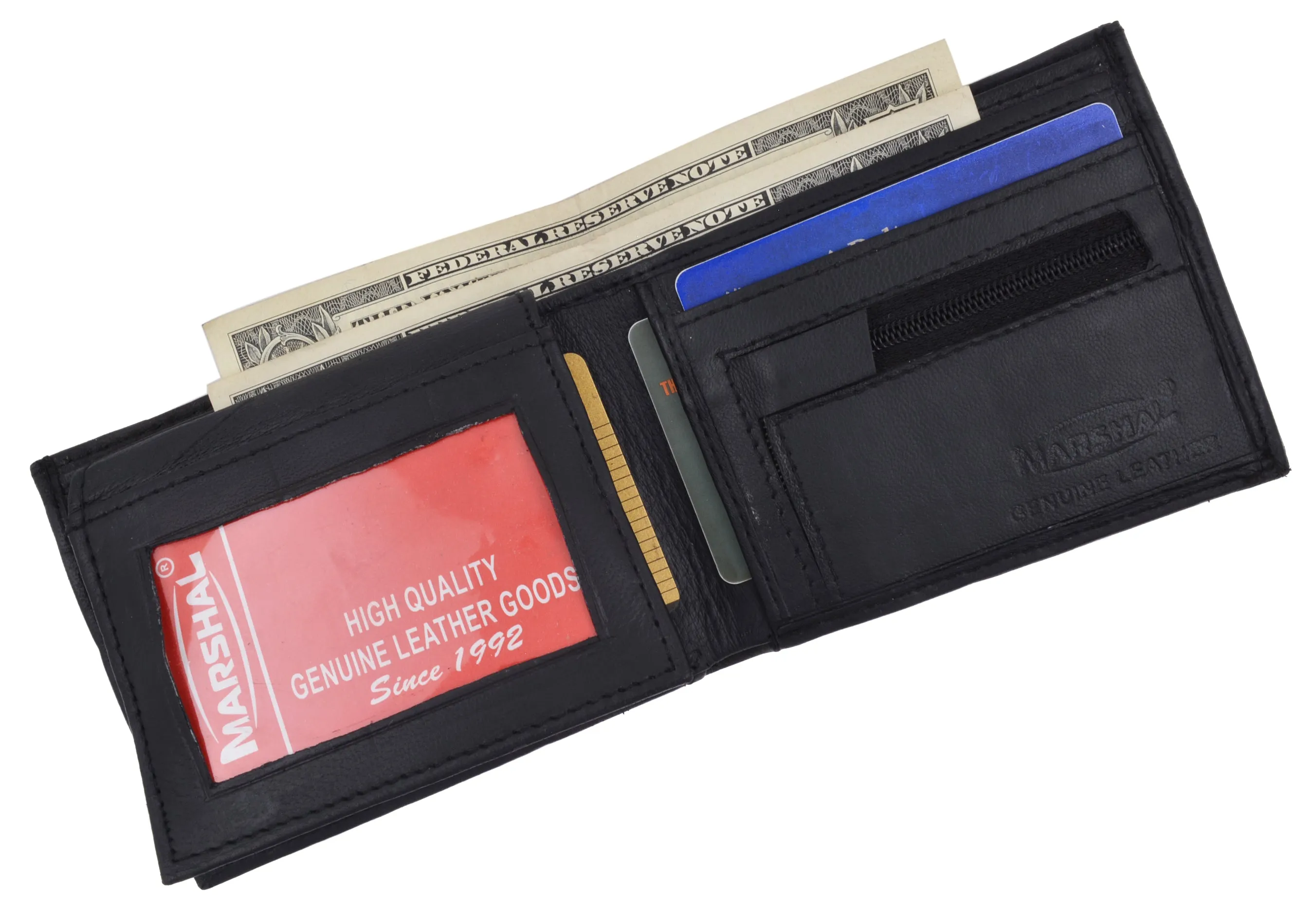 Lamb Leather Flap Up ID Card Holder W/Zippered Compartment Bifold Wallet 3053