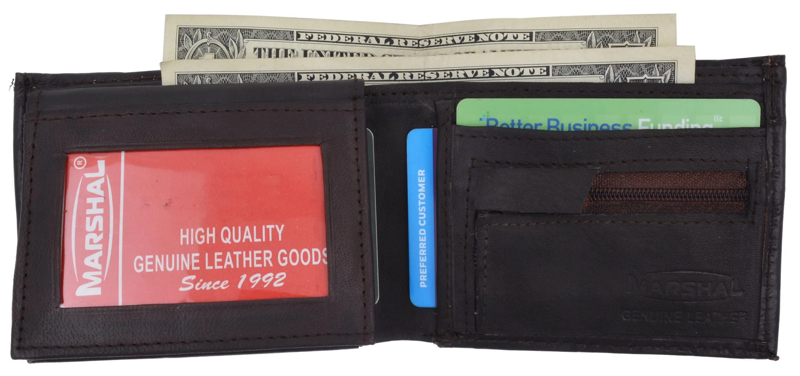Lamb Leather Flap Up ID Card Holder W/Zippered Compartment Bifold Wallet 3053