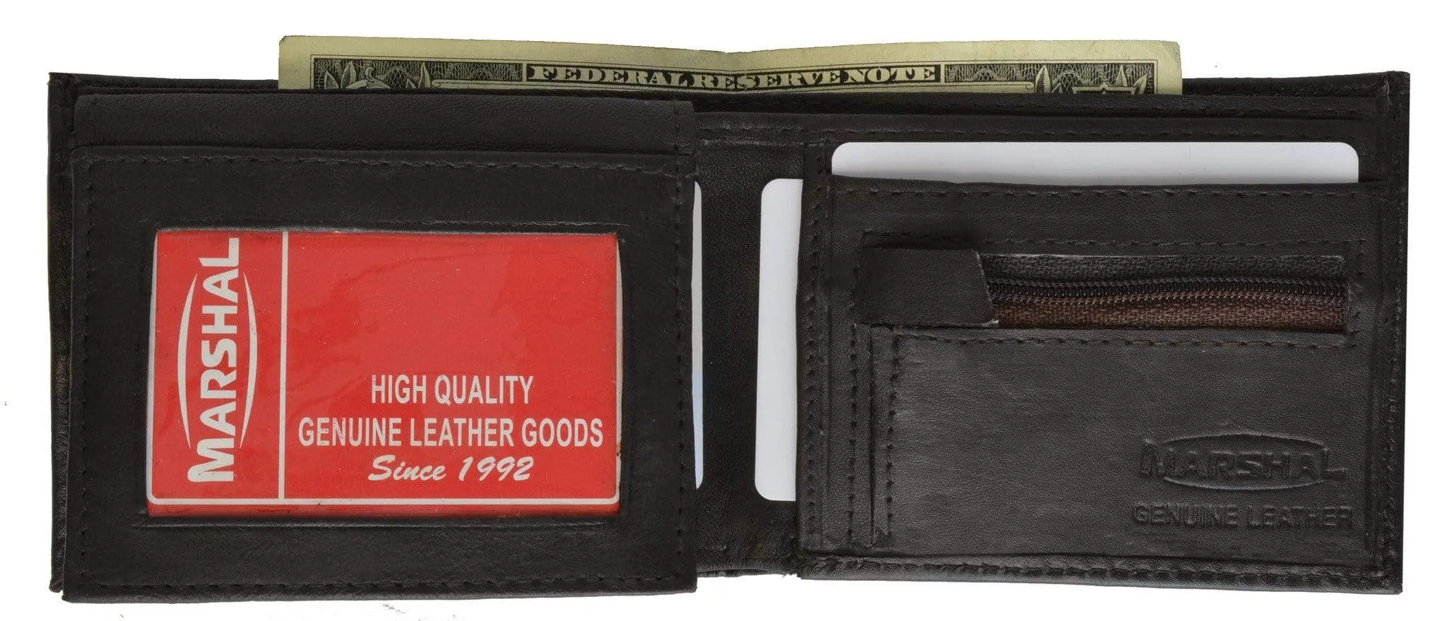 Lamb Leather Flap Up ID Card Holder W/Zippered Compartment Bifold Wallet 3053