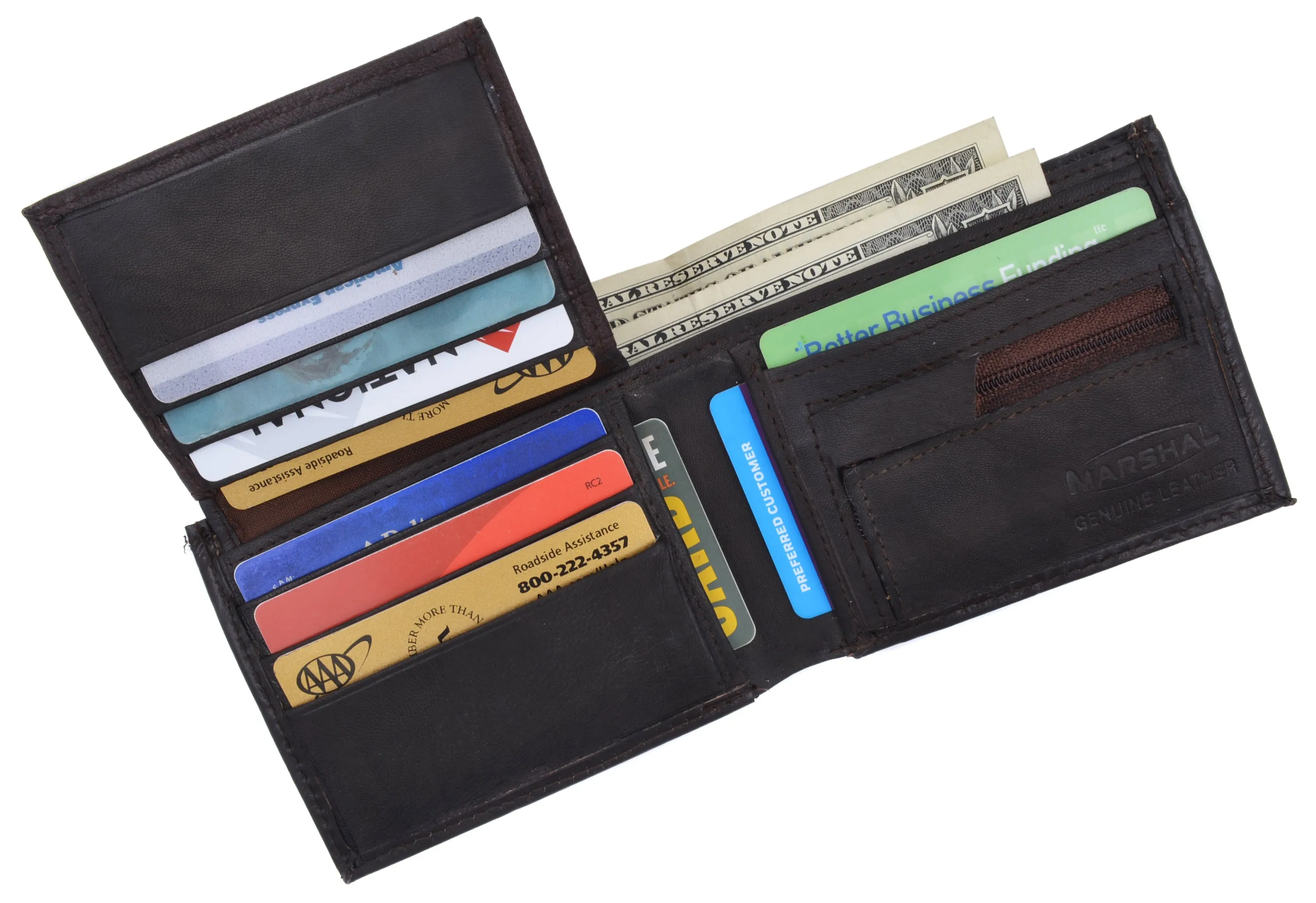 Lamb Leather Flap Up ID Card Holder W/Zippered Compartment Bifold Wallet 3053