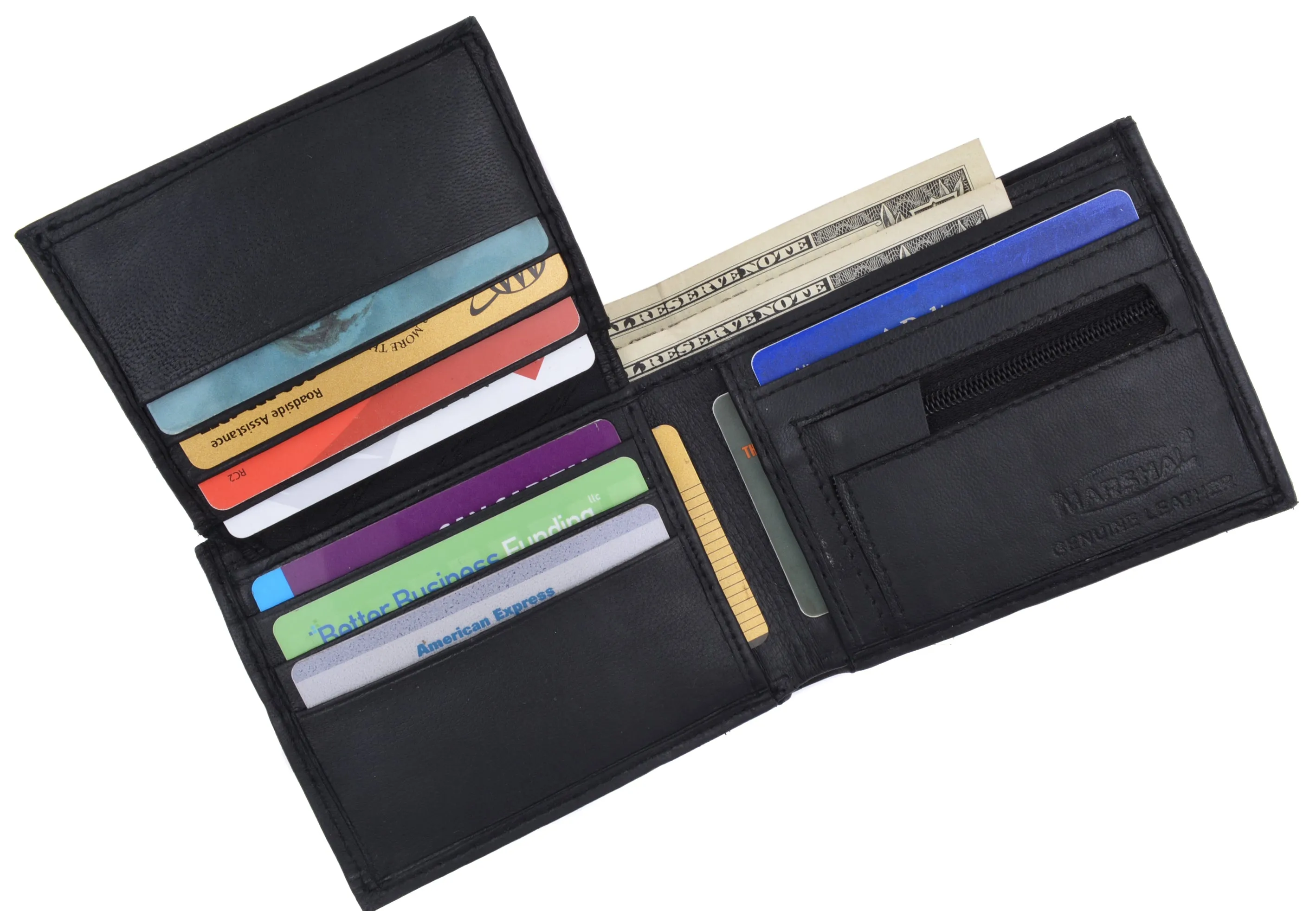 Lamb Leather Flap Up ID Card Holder W/Zippered Compartment Bifold Wallet 3053