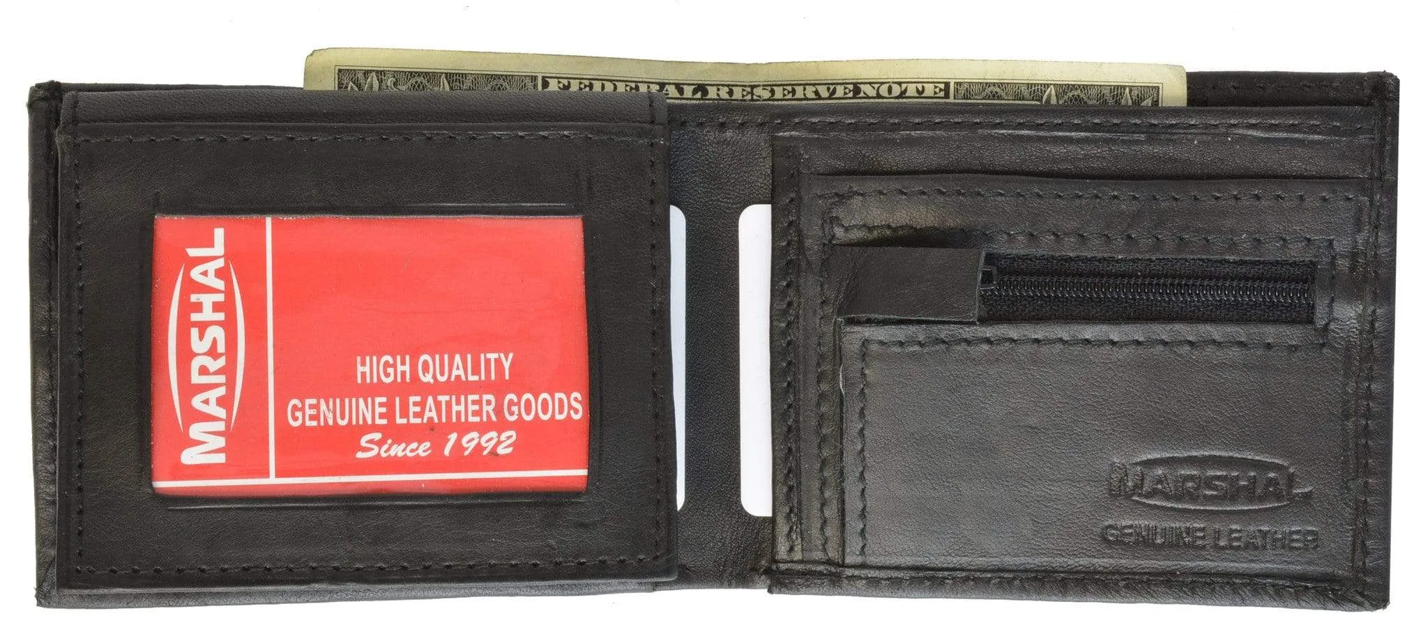 Lamb Leather Flap Up ID Card Holder W/Zippered Compartment Bifold Wallet 3053