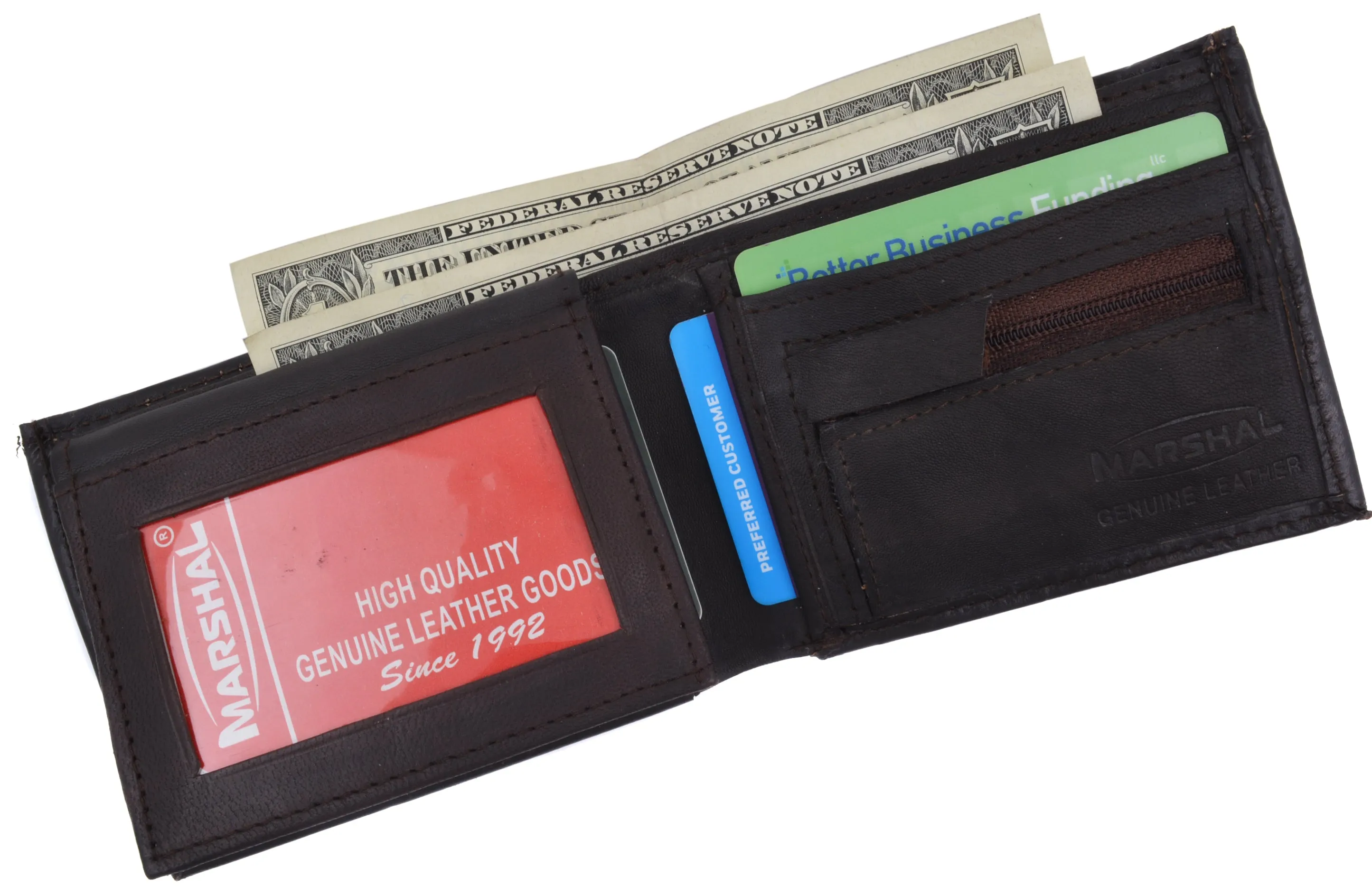 Lamb Leather Flap Up ID Card Holder W/Zippered Compartment Bifold Wallet 3053