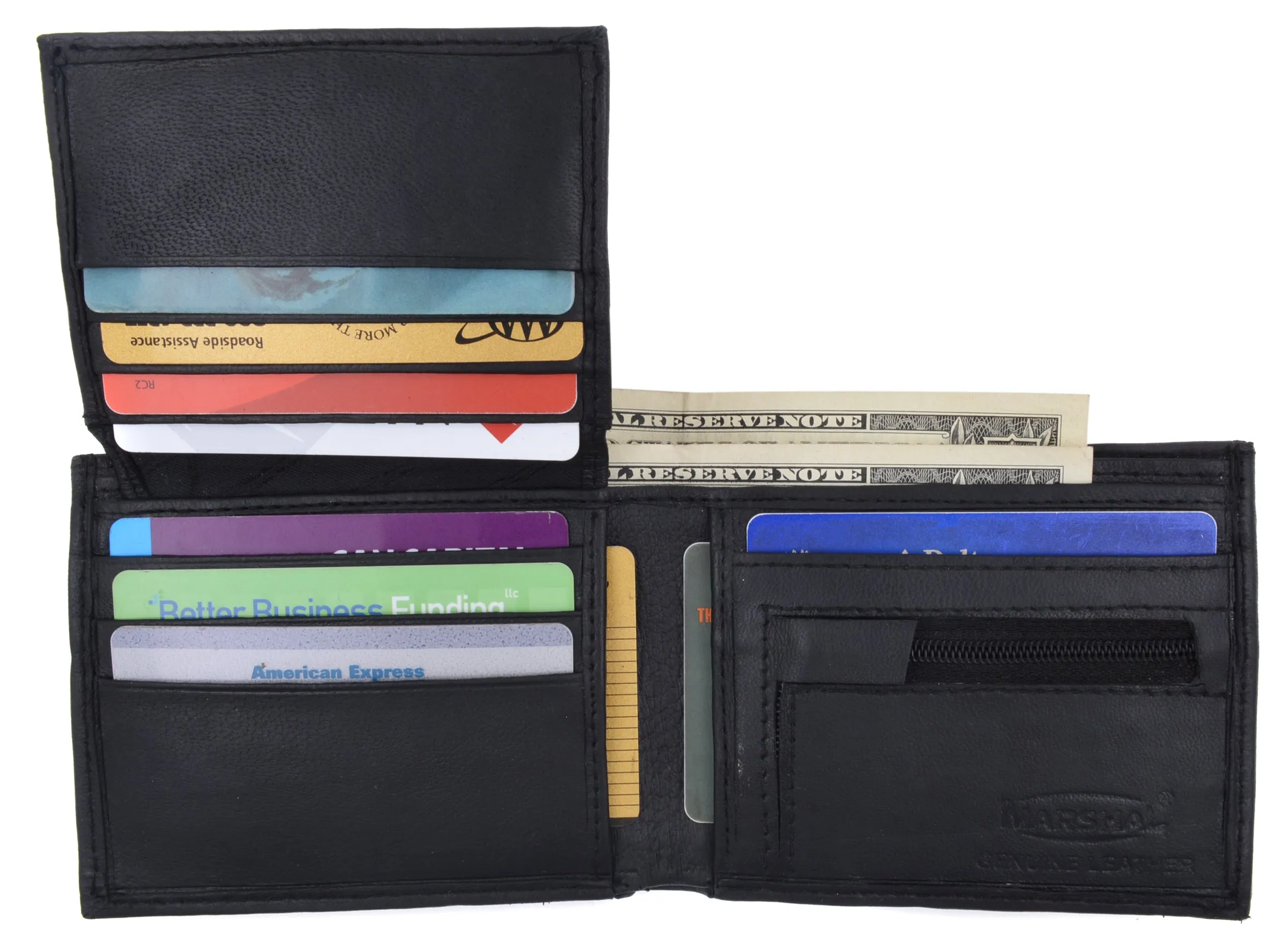 Lamb Leather Flap Up ID Card Holder W/Zippered Compartment Bifold Wallet 3053