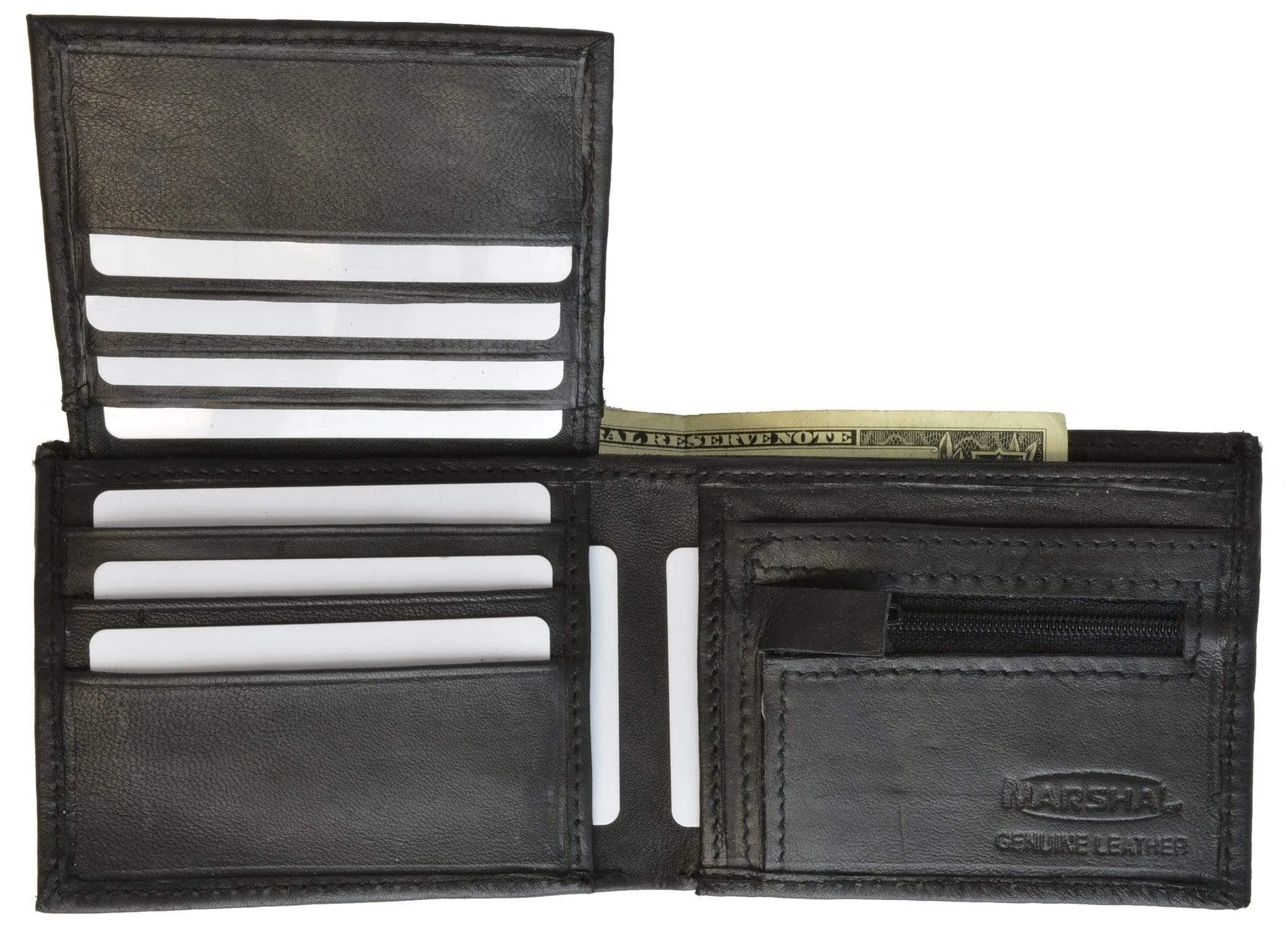 Lamb Leather Flap Up ID Card Holder W/Zippered Compartment Bifold Wallet 3053