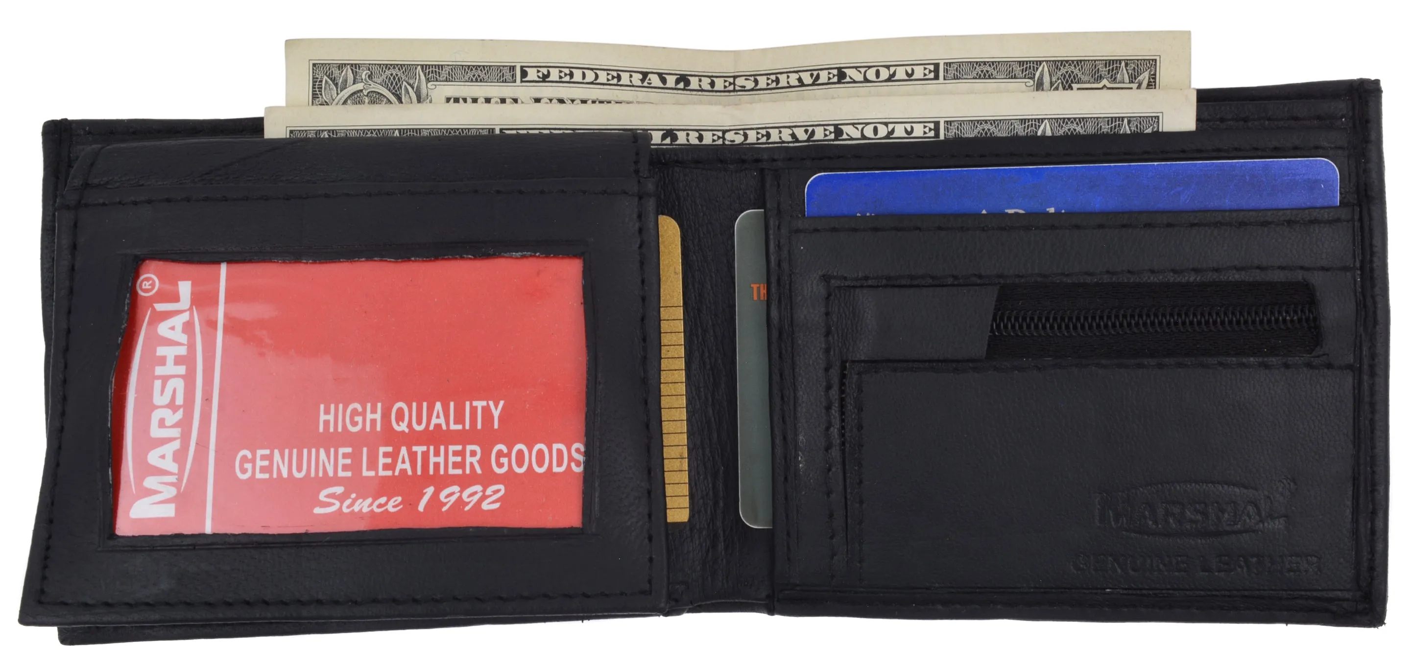 Lamb Leather Flap Up ID Card Holder W/Zippered Compartment Bifold Wallet 3053