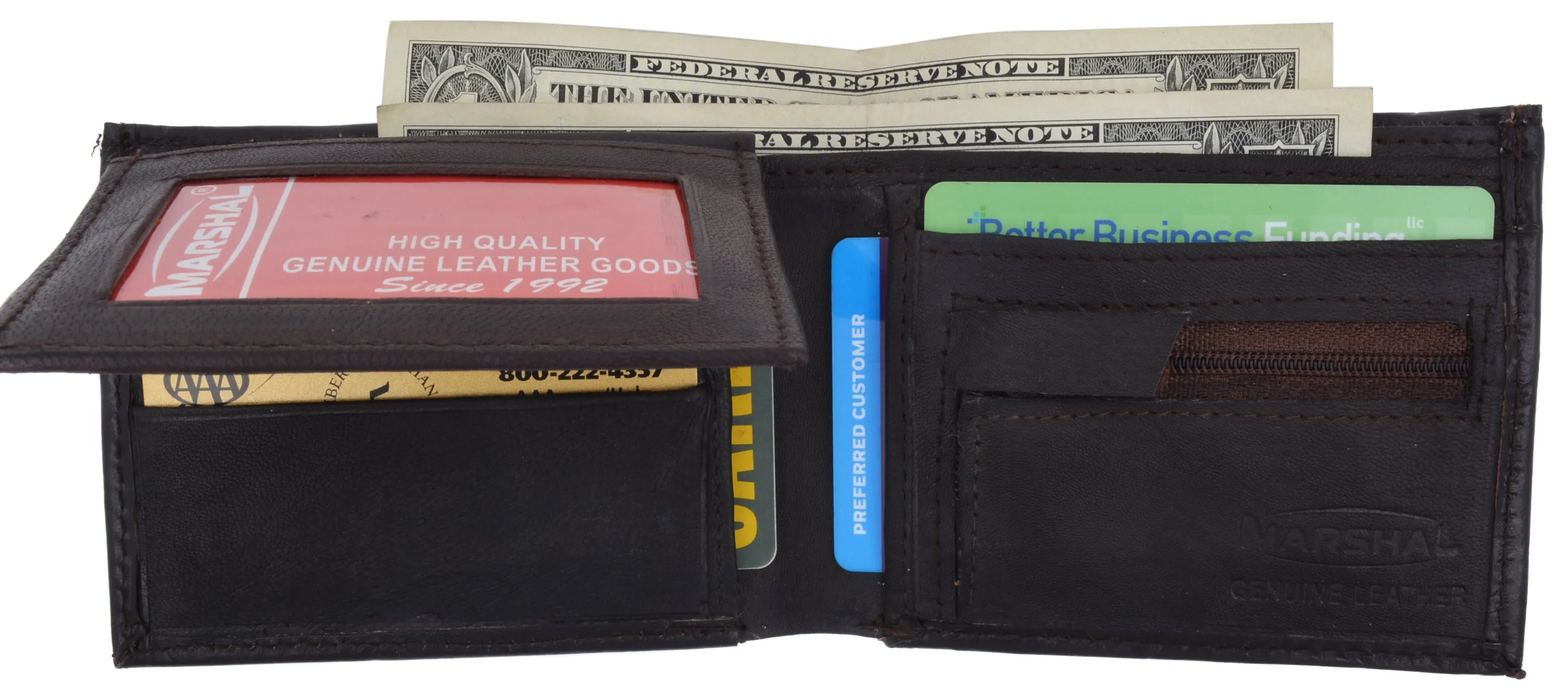Lamb Leather Flap Up ID Card Holder W/Zippered Compartment Bifold Wallet 3053