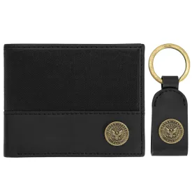 Licensed U.S. Navy Mens Wax Canvas Bifold Wallet with Keychain Gift Set