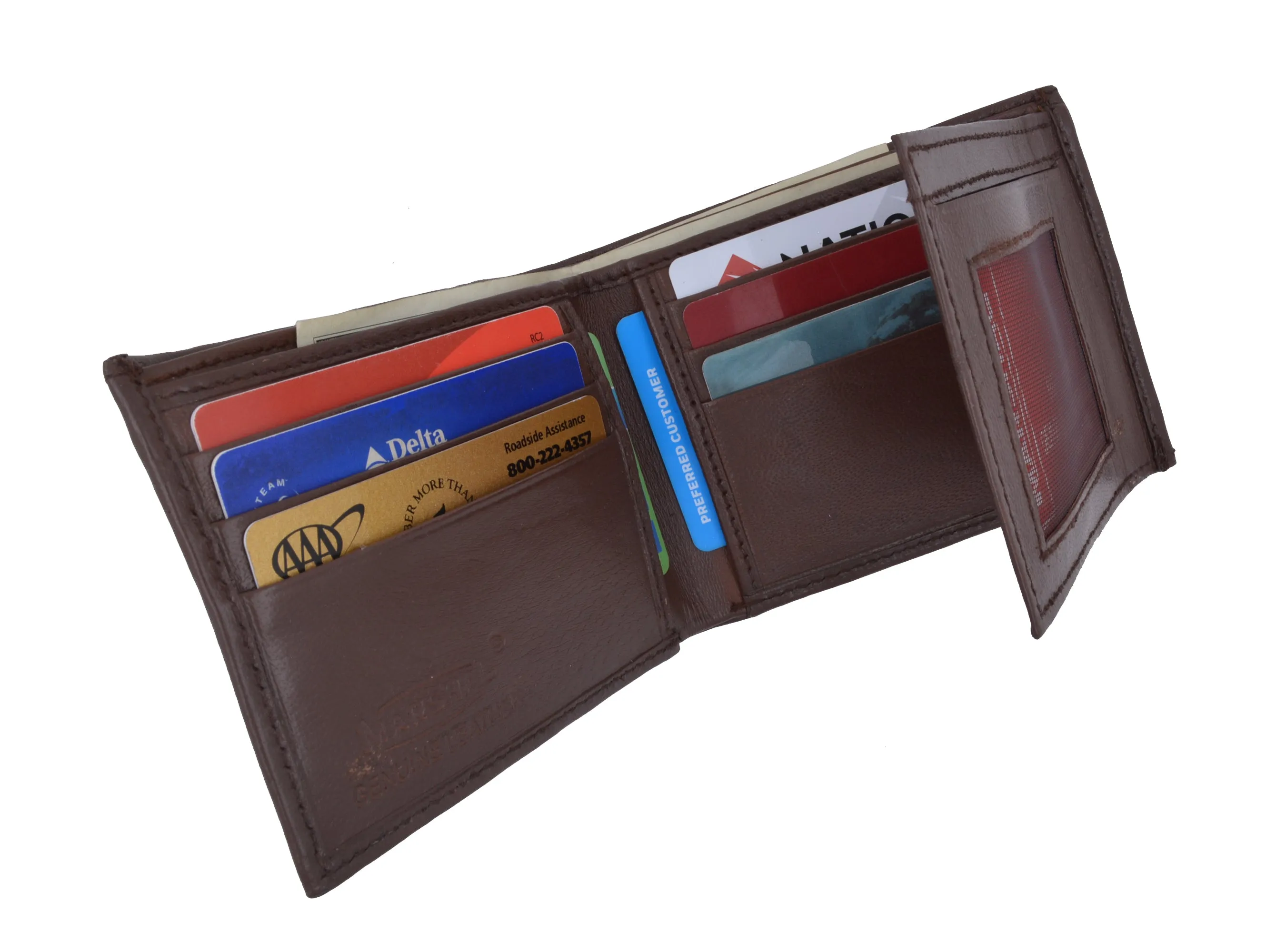 Mens Bifold Flap Out ID Windows Genuine Leather Wallet 1192