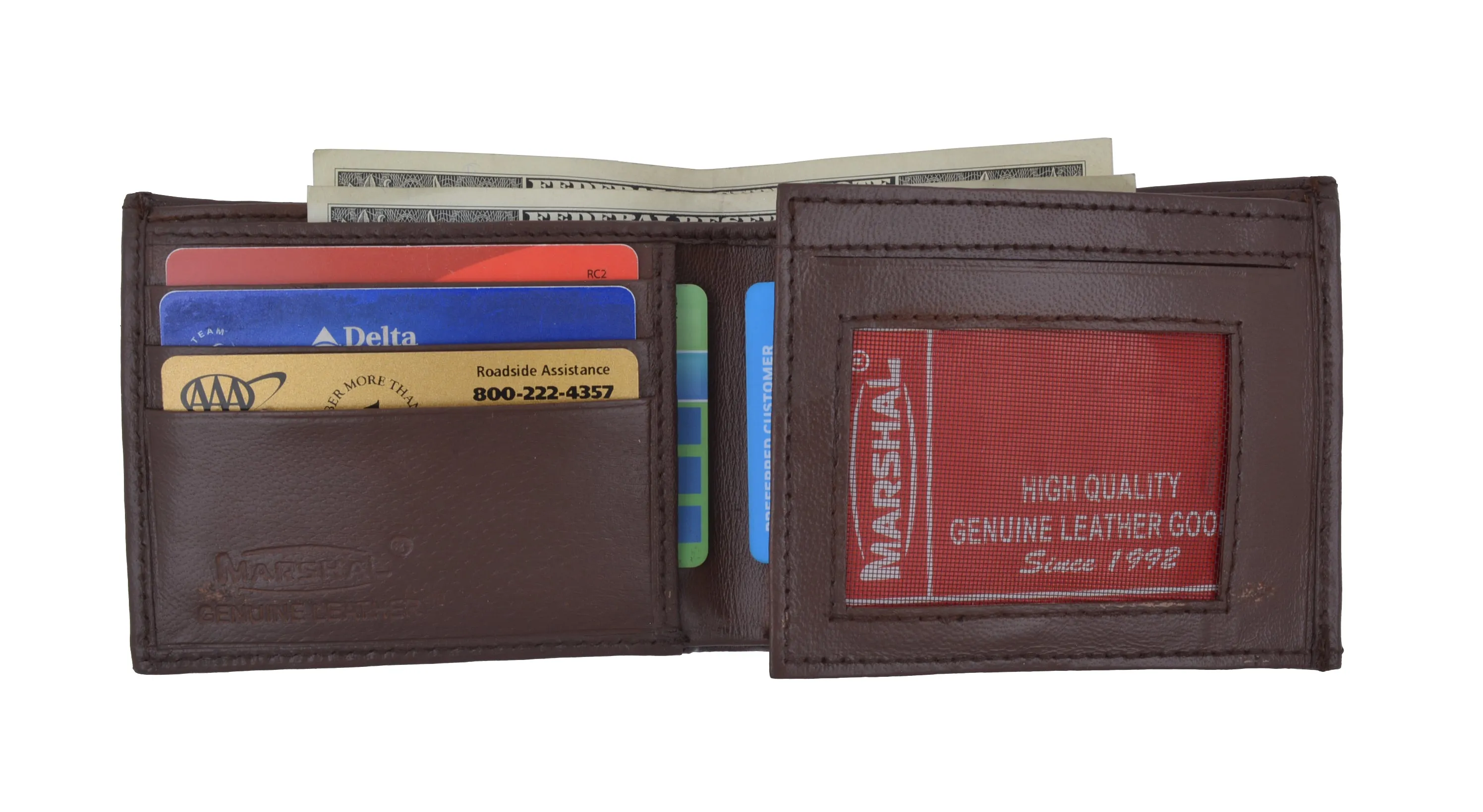 Mens Bifold Flap Out ID Windows Genuine Leather Wallet 1192