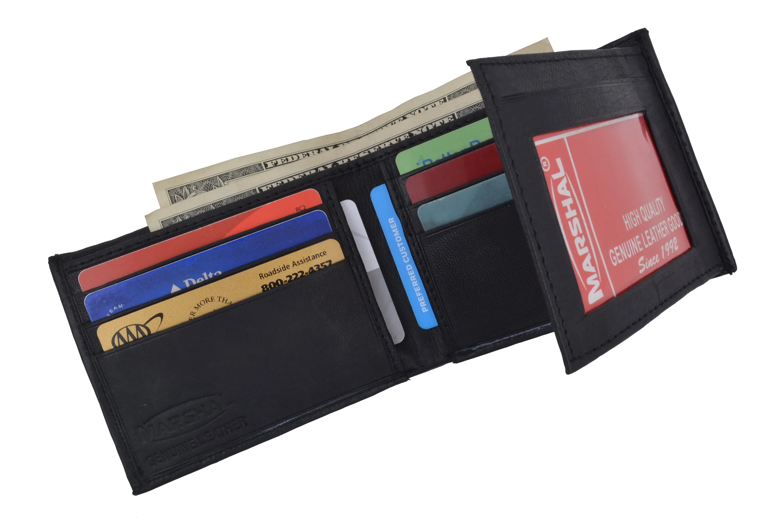Mens Bifold Flap Out ID Windows Genuine Leather Wallet 1192
