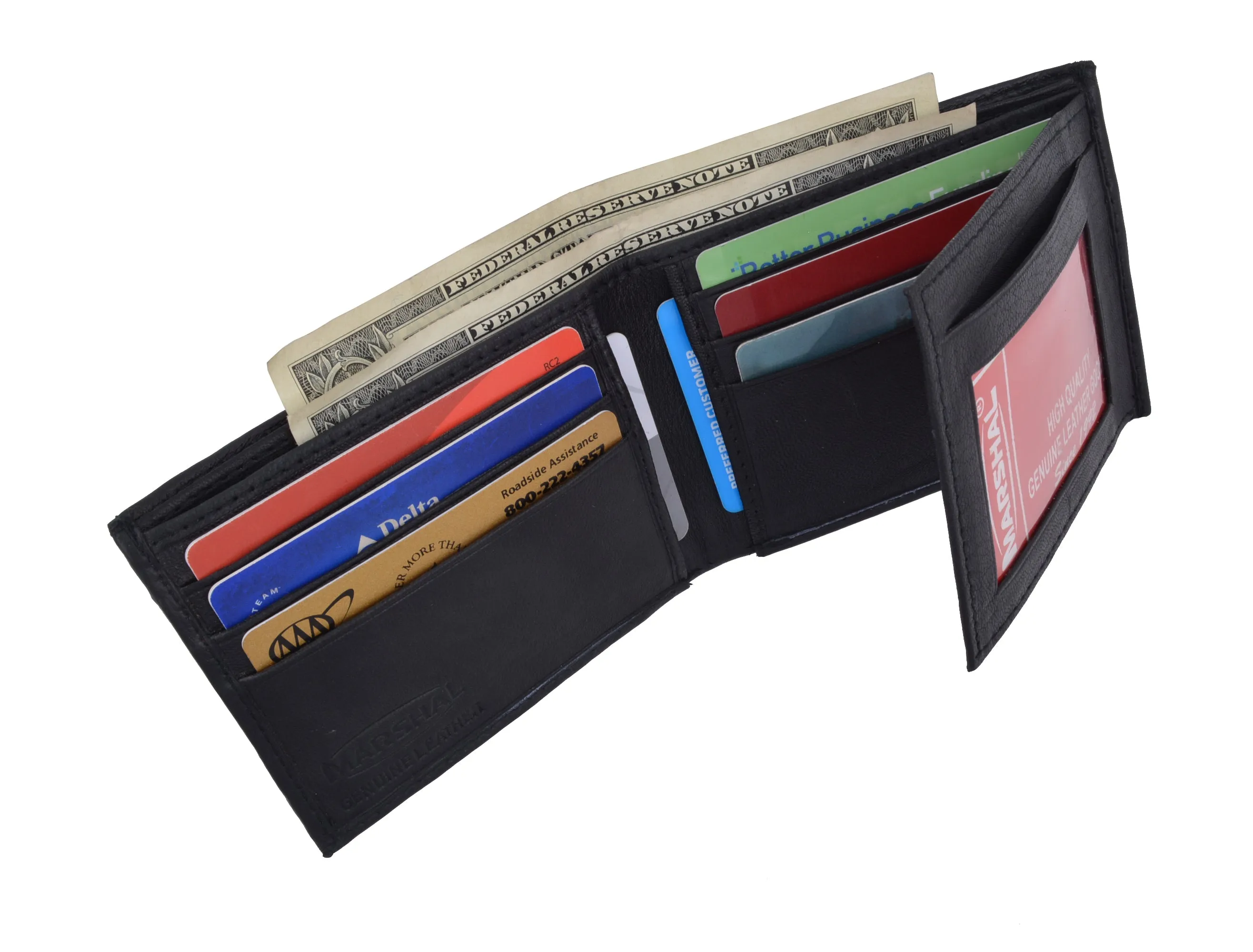 Mens Bifold Flap Out ID Windows Genuine Leather Wallet 1192