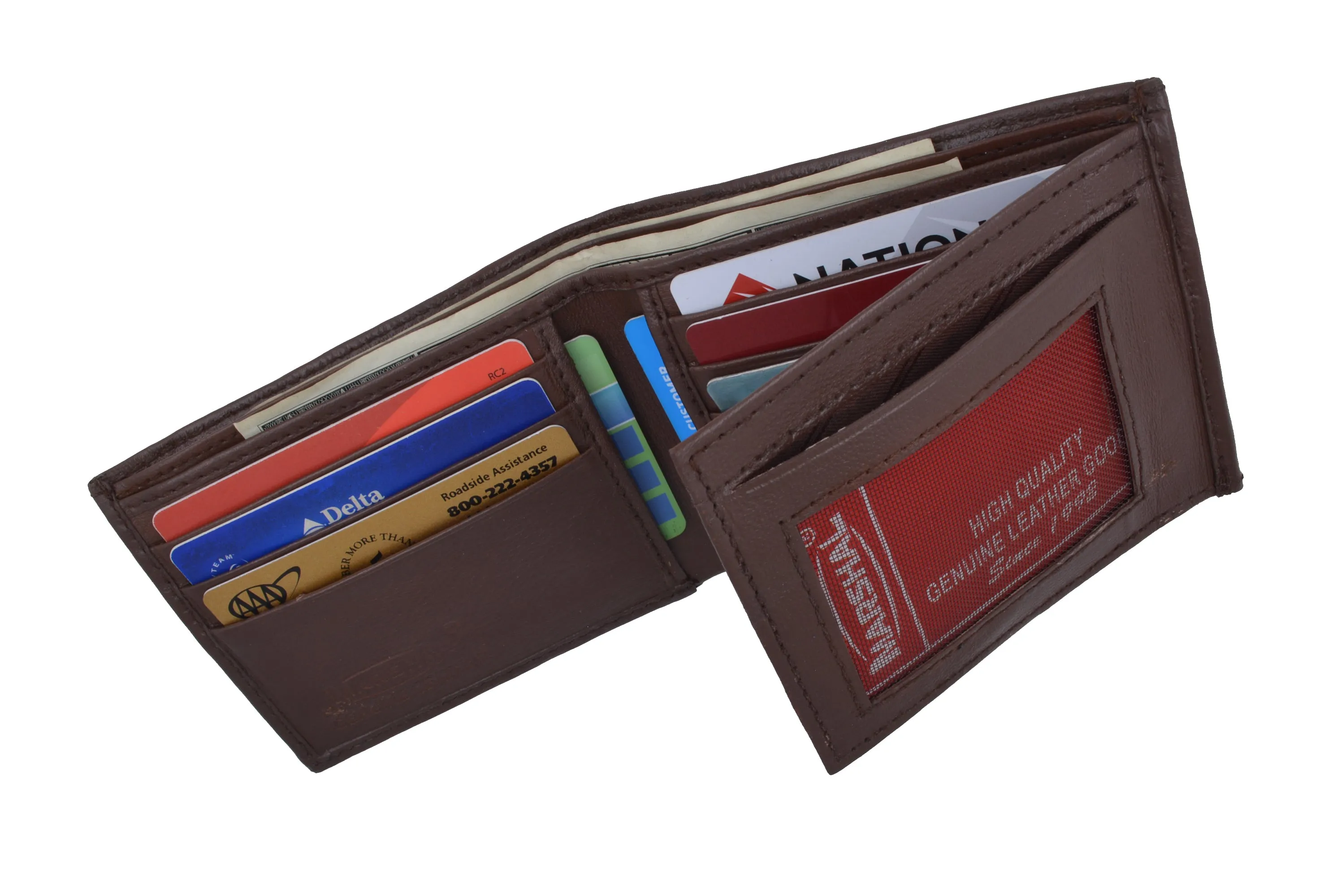 Mens Bifold Flap Out ID Windows Genuine Leather Wallet 1192
