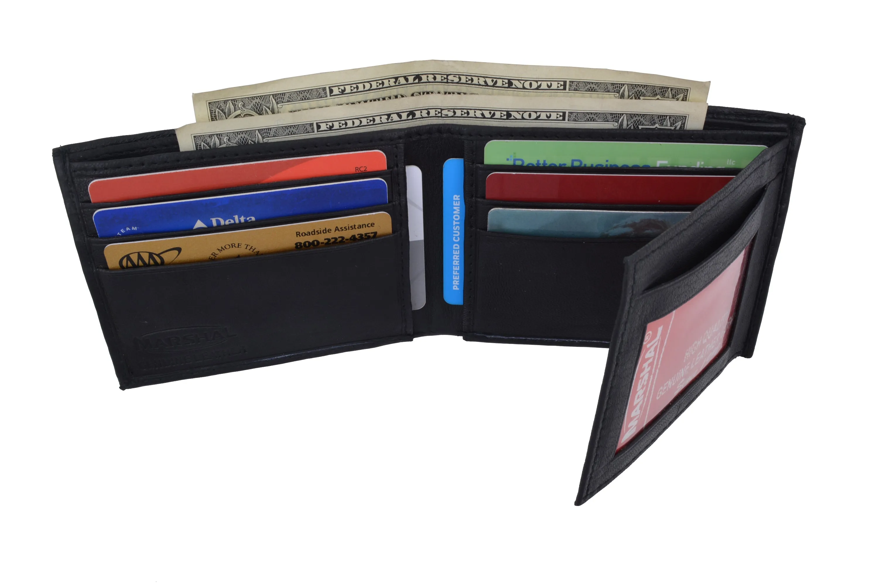Mens Bifold Flap Out ID Windows Genuine Leather Wallet 1192