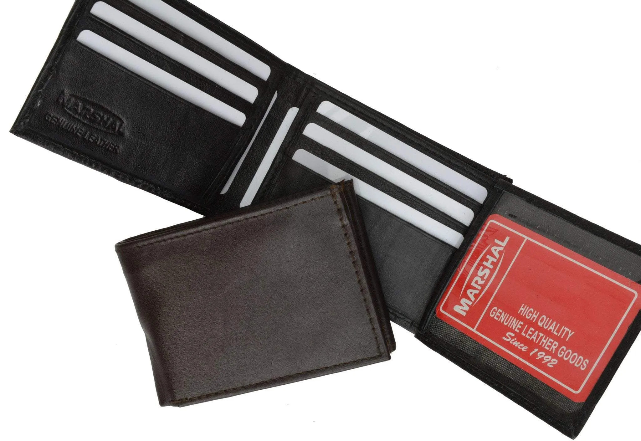 Mens Bifold Flap Out ID Windows Genuine Leather Wallet 1192