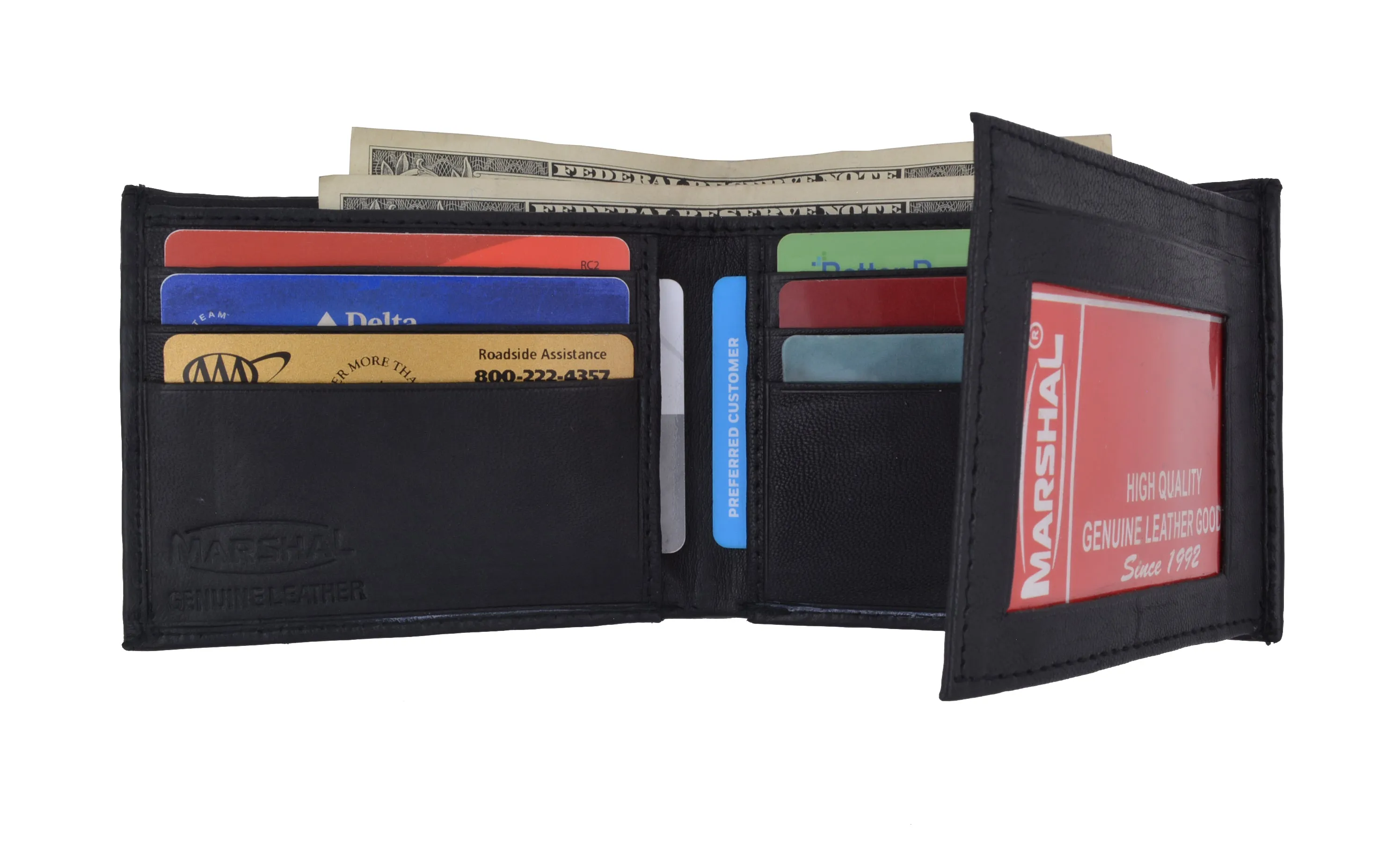 Mens Bifold Flap Out ID Windows Genuine Leather Wallet 1192