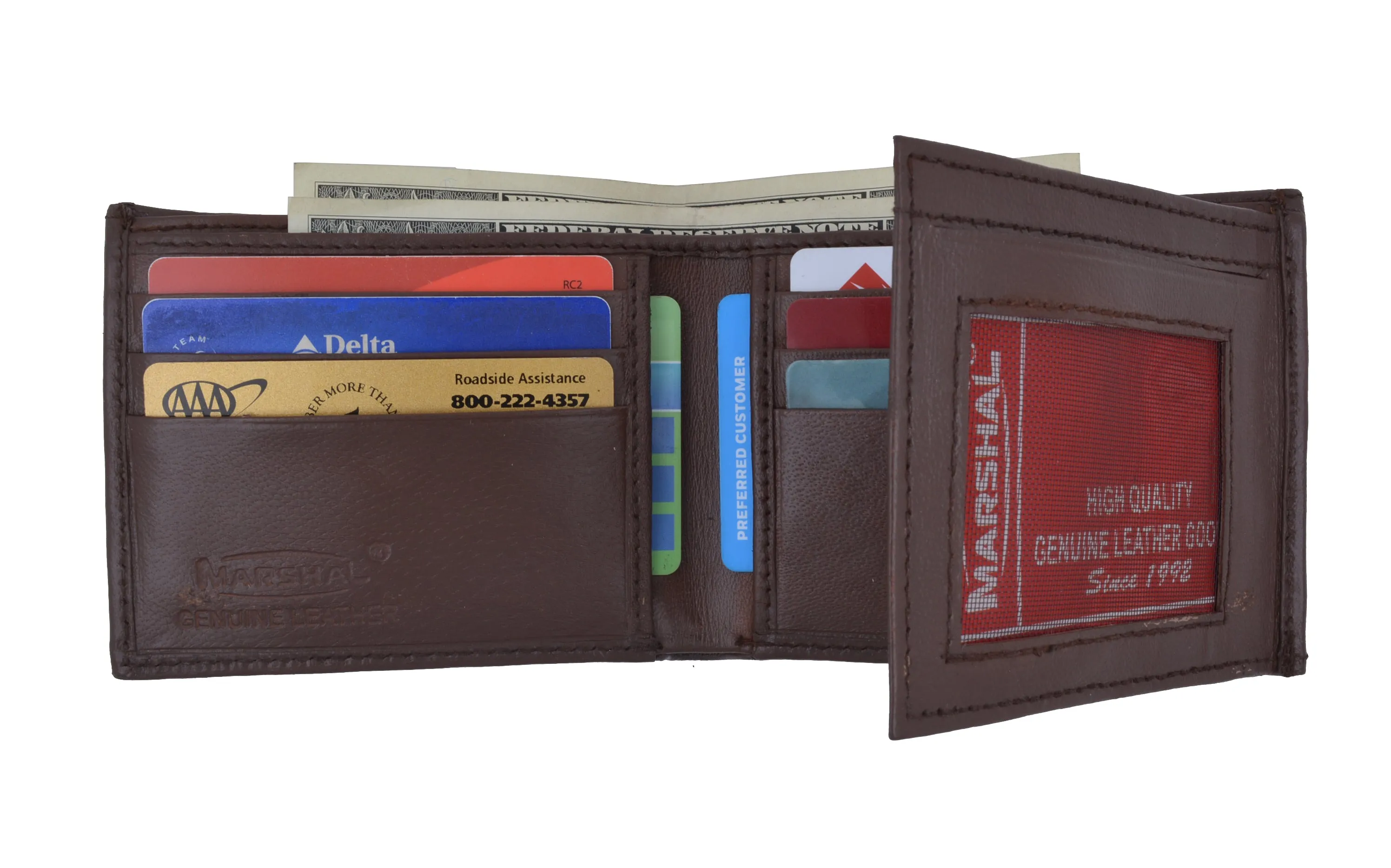 Mens Bifold Flap Out ID Windows Genuine Leather Wallet 1192