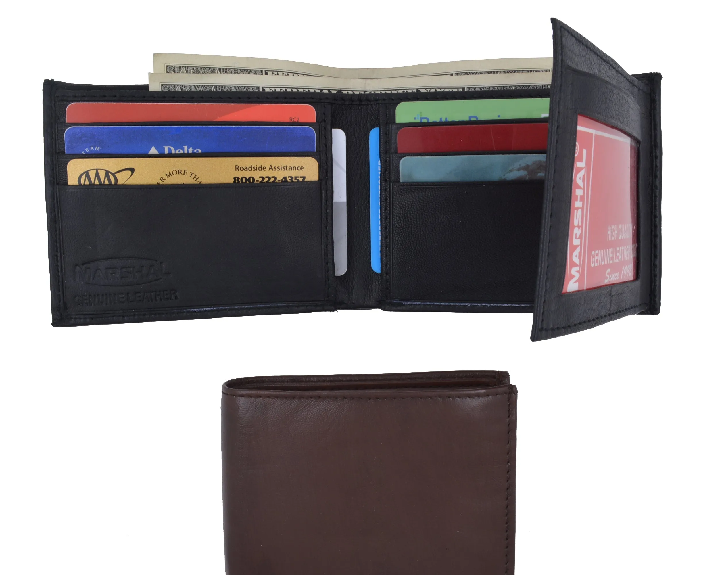 Mens Bifold Flap Out ID Windows Genuine Leather Wallet 1192