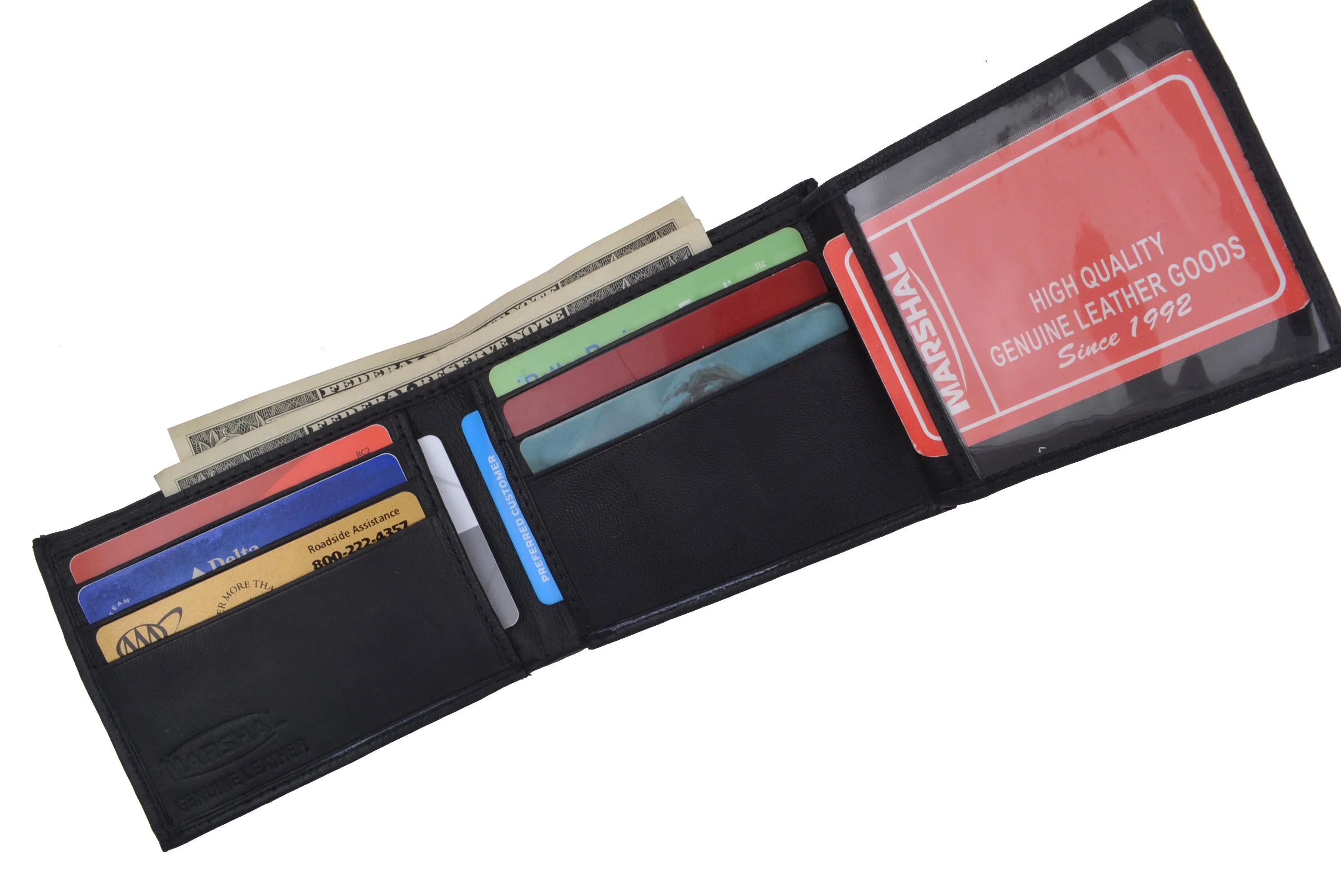 Mens Bifold Flap Out ID Windows Genuine Leather Wallet 1192