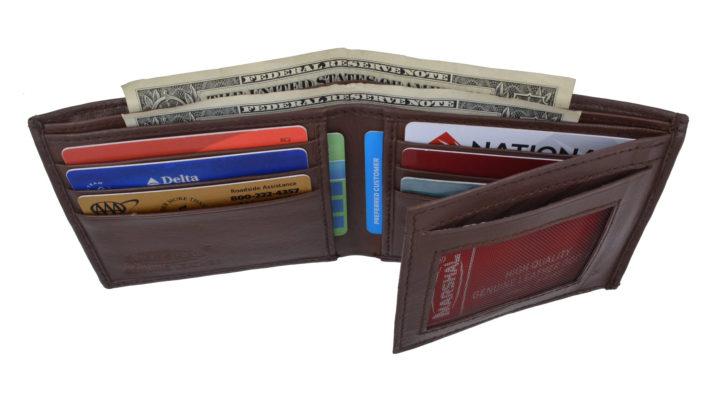 Mens Bifold Flap Out ID Windows Genuine Leather Wallet 1192