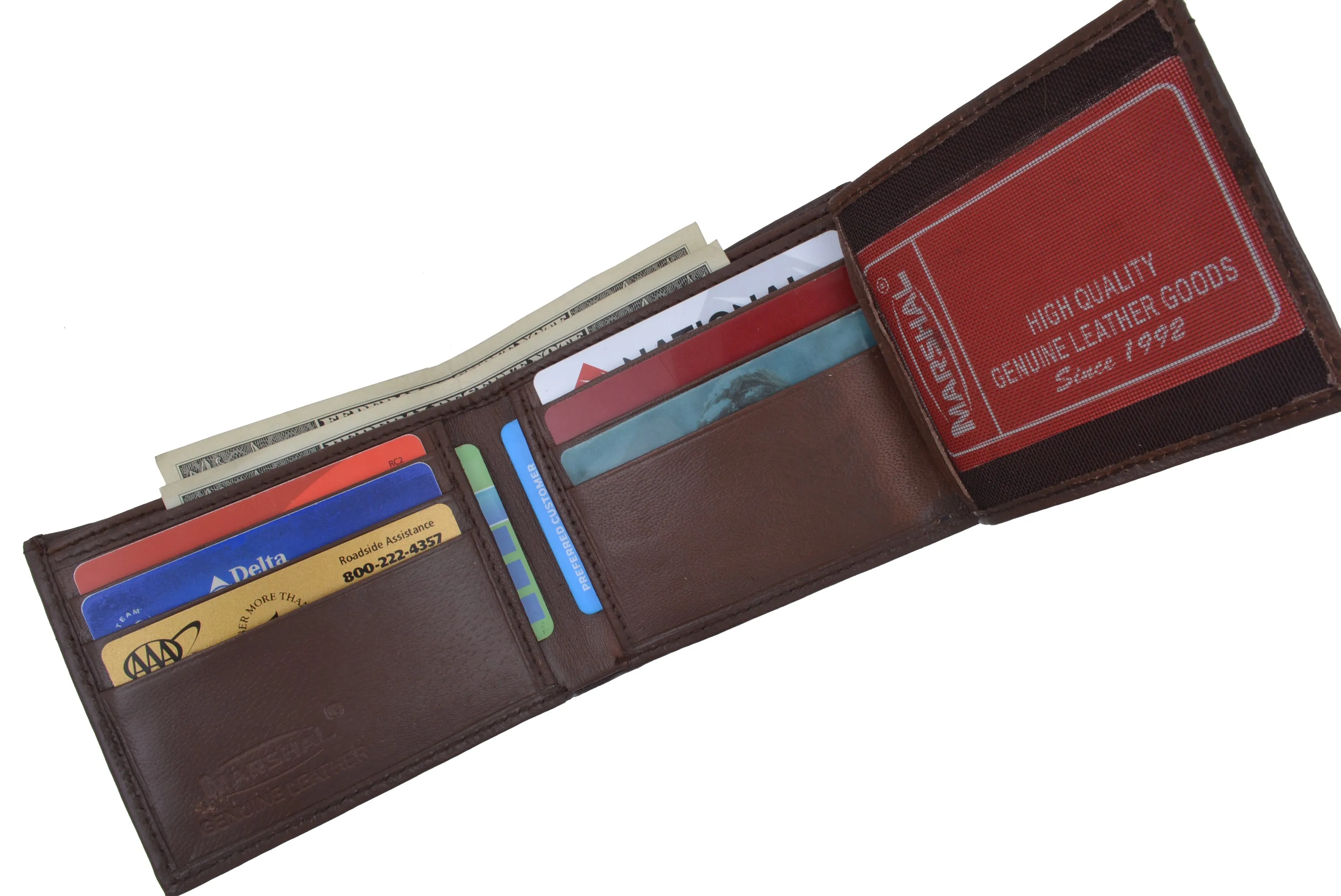 Mens Bifold Flap Out ID Windows Genuine Leather Wallet 1192