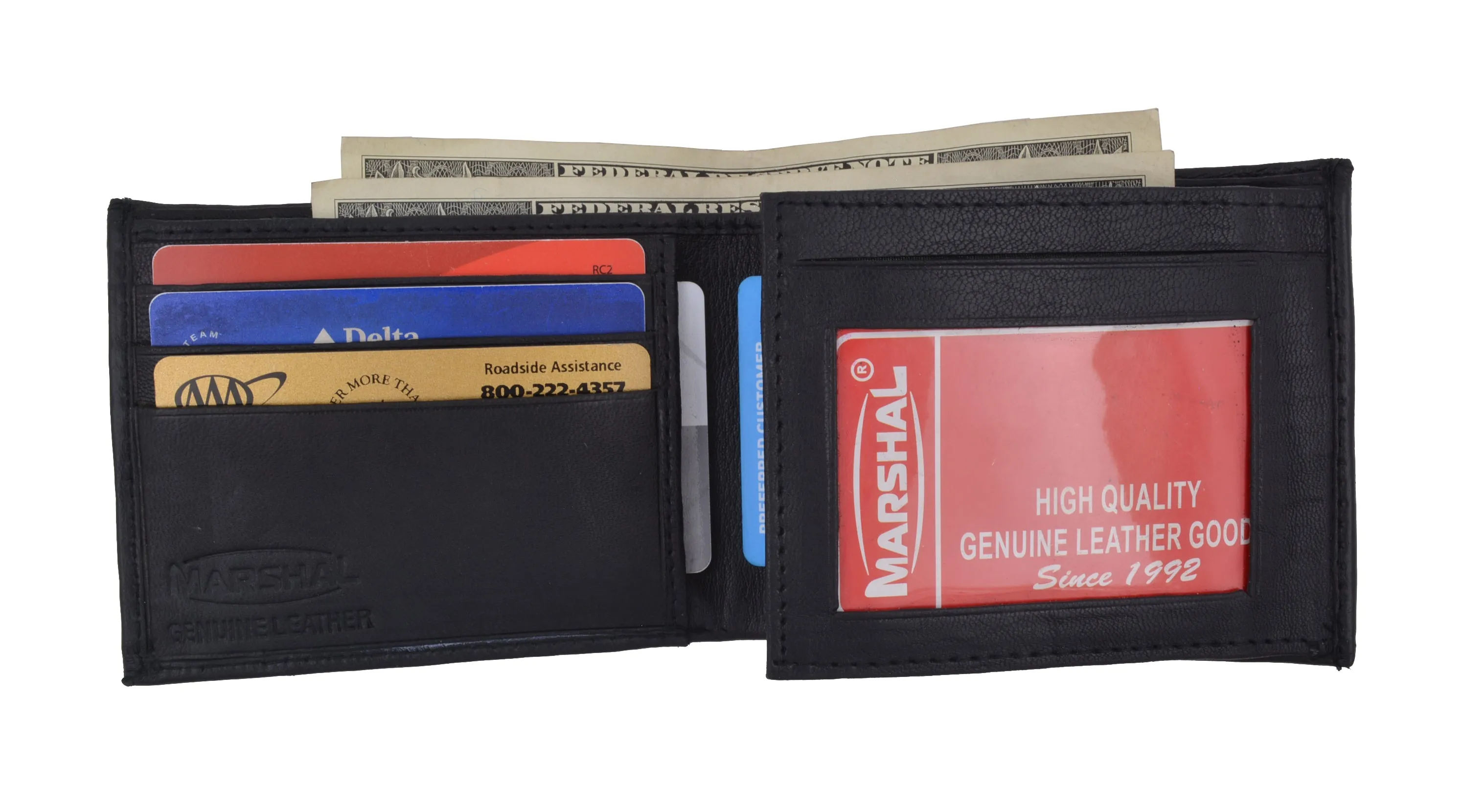 Mens Bifold Flap Out ID Windows Genuine Leather Wallet 1192